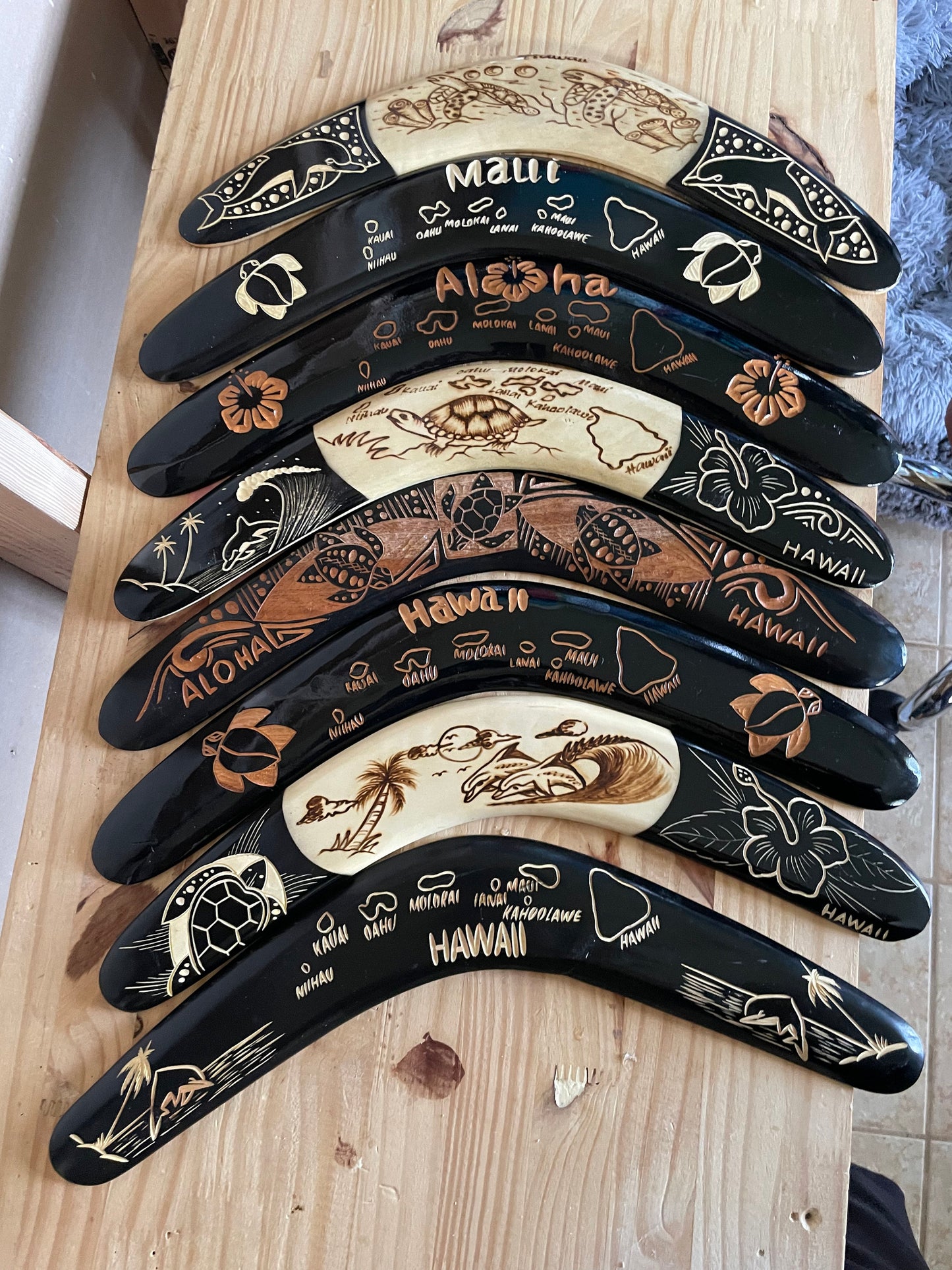 Aboriginal Polynesian Solid Wood Boomerangs with Hand Carved Hawaiian Maps, Symbols and Aloha!