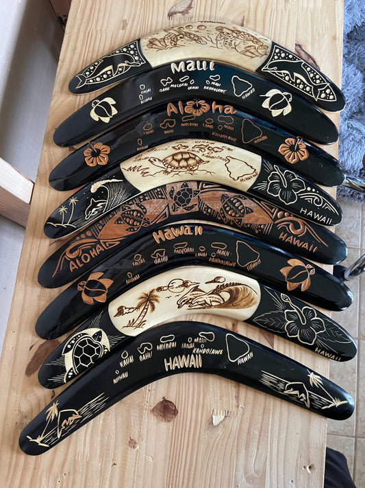 Aboriginal Polynesian Solid Wood Boomerangs with Hand Carved Hawaiian Maps, Symbols and Aloha!