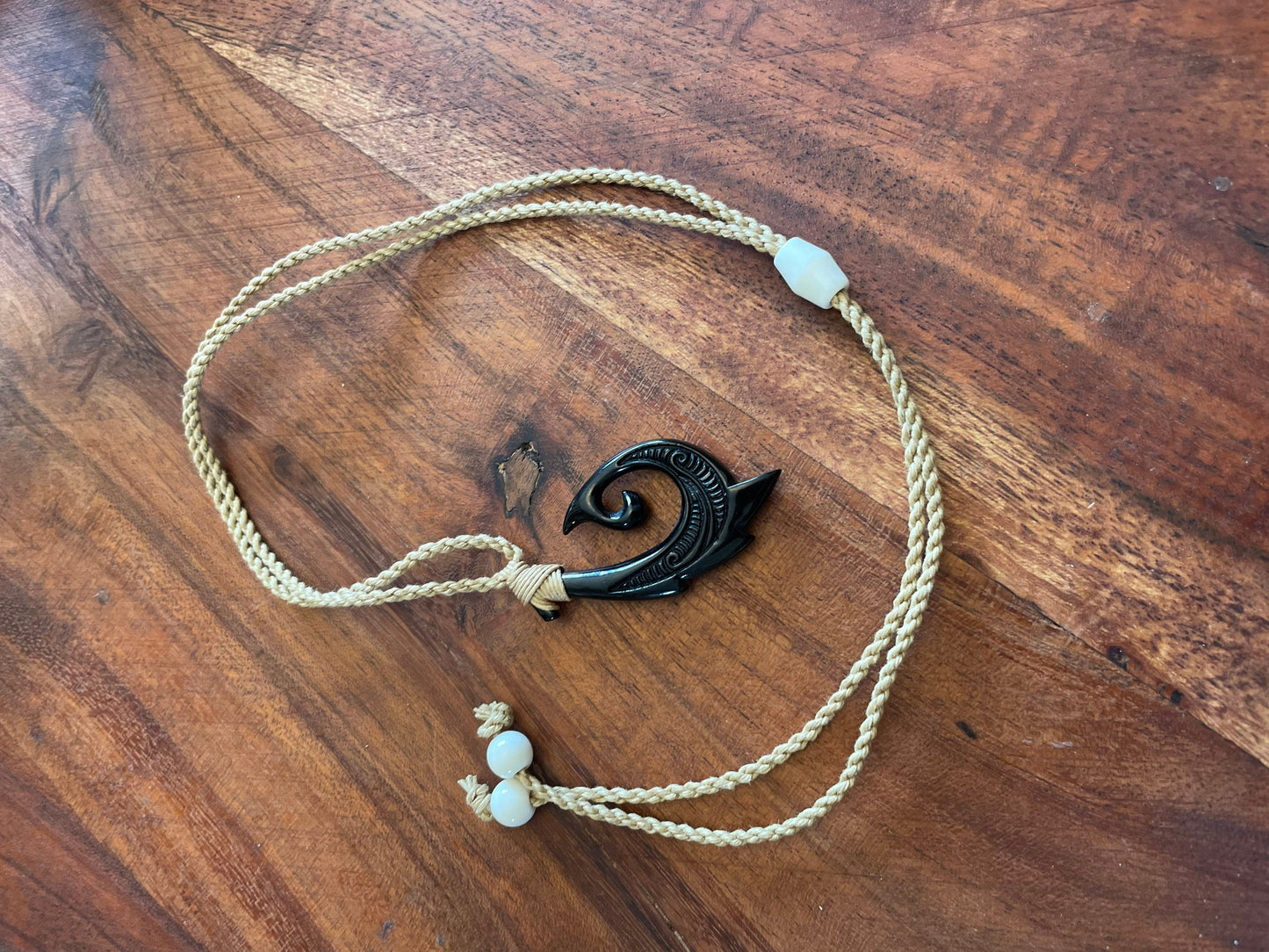 Handsome Onyx Dyed Solid Real Buffalo Bone Makau or Fish Hook Adjustable Necklace