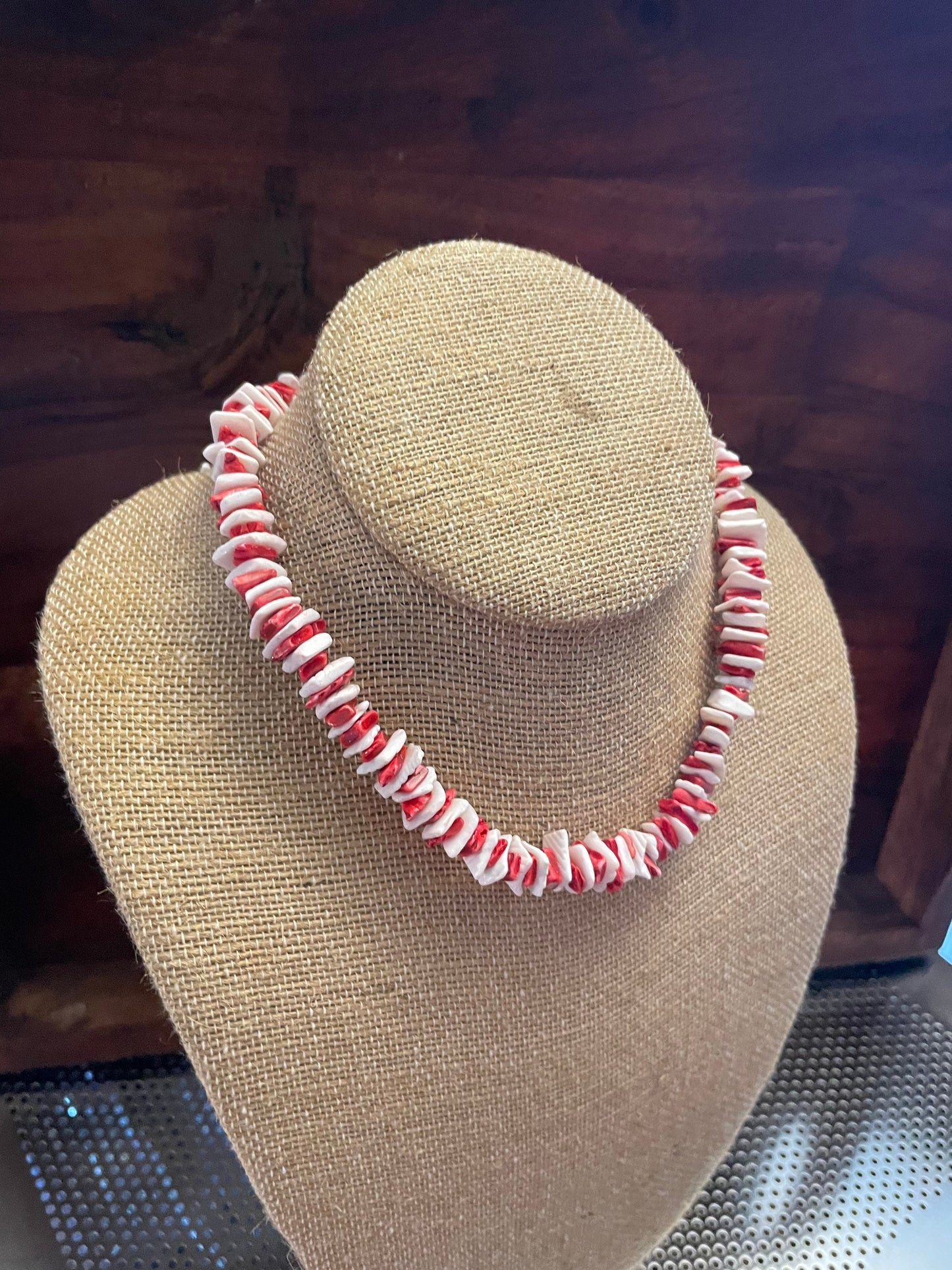 Red and White Puka Shell Necklace - Striped Retro Style, .925 Silver Clasp