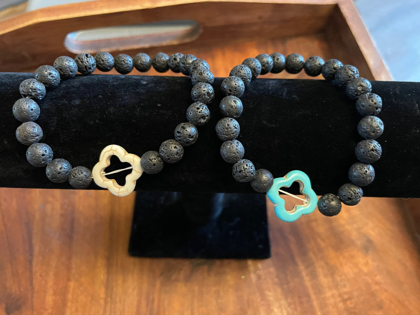 Authentic Lava Bead Elastic Bracelet with Clay Bead Clover Accent