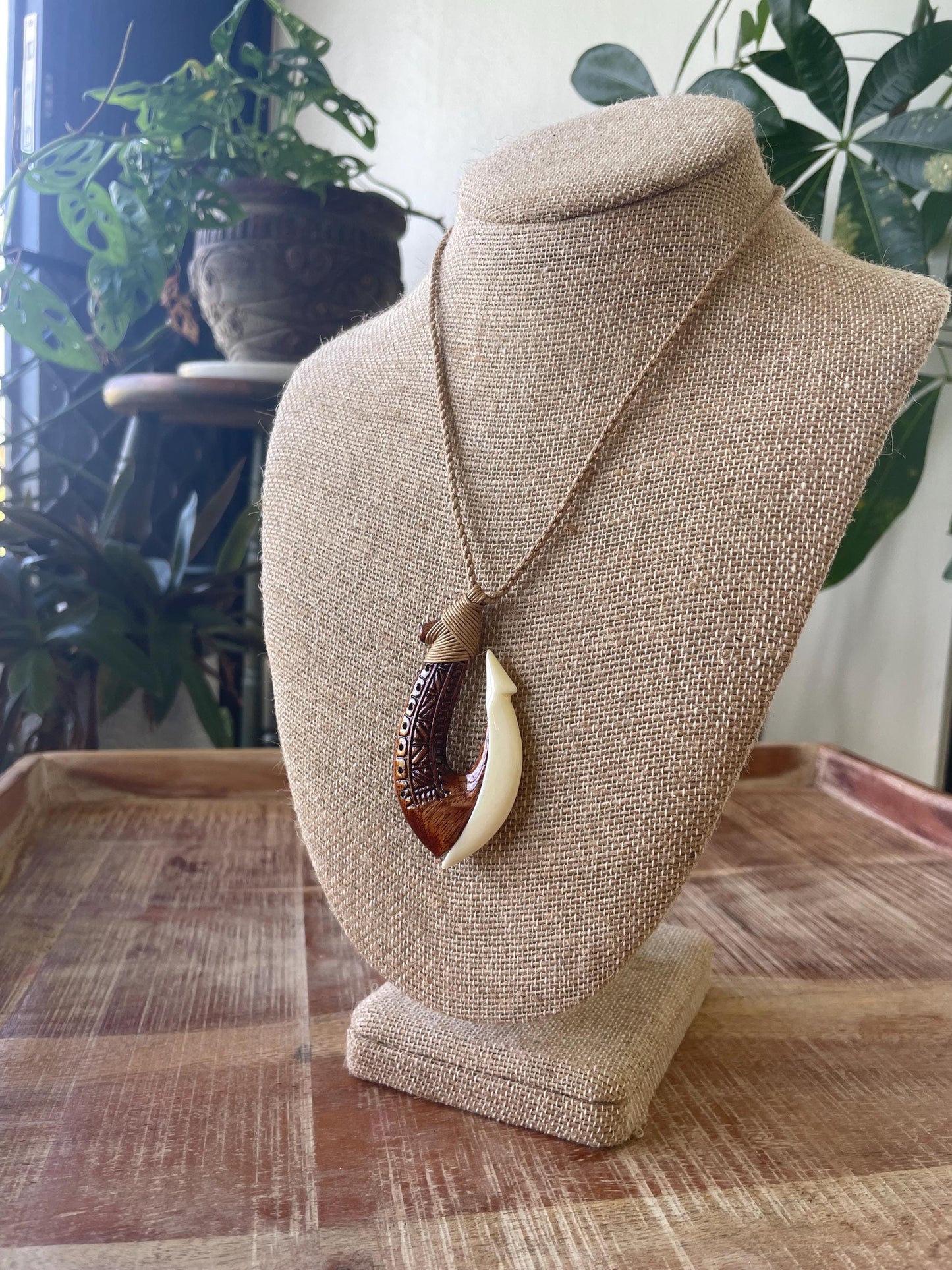 Handcarved Bone & Koa Wood Makau Necklace – Adjustable Cord