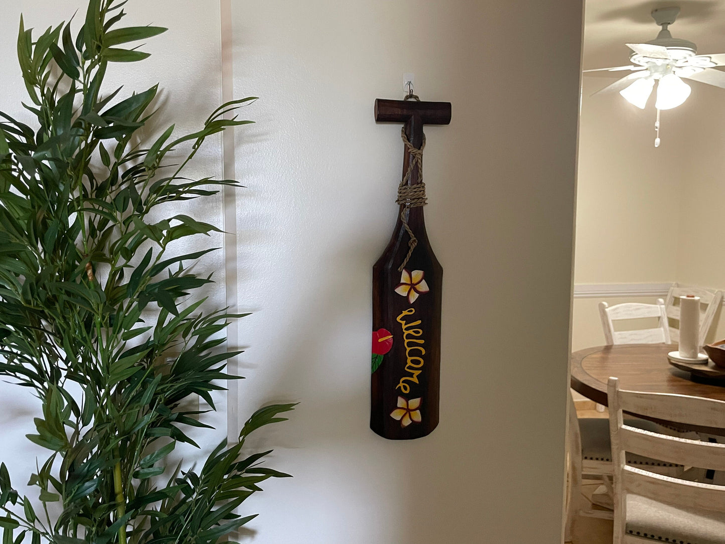 Hand Carved and Brightly Hand Painted Solid Wood Welcome Hawaiian Paddle Adorned with Flowers
