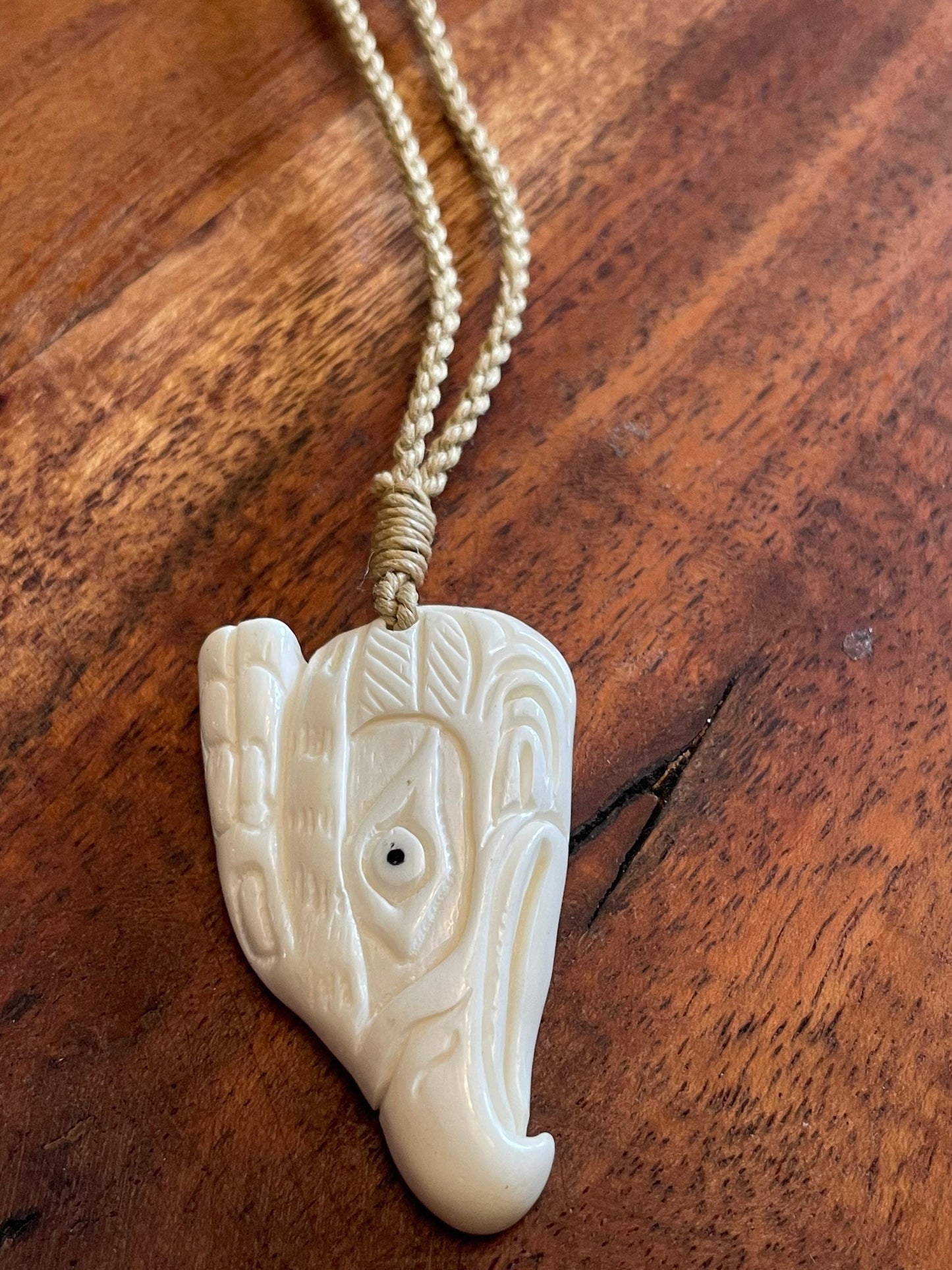 Native American Inspired Hawk or Eagle Head Hand Carved from Solid Bone - Adjustable Necklace