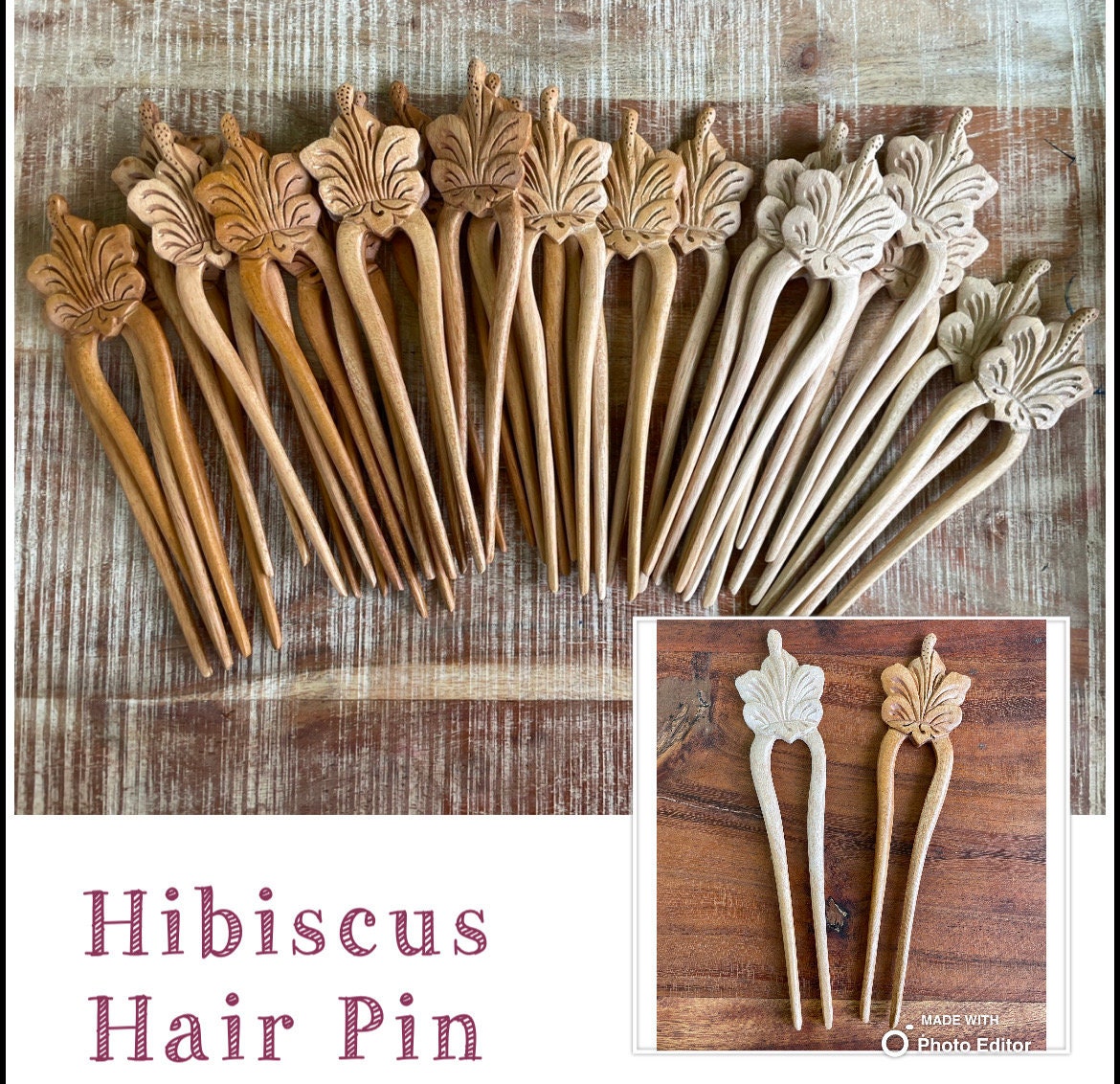Hand-Carved Wooden Hair Fork – Polynesian Floral & Turtle Design