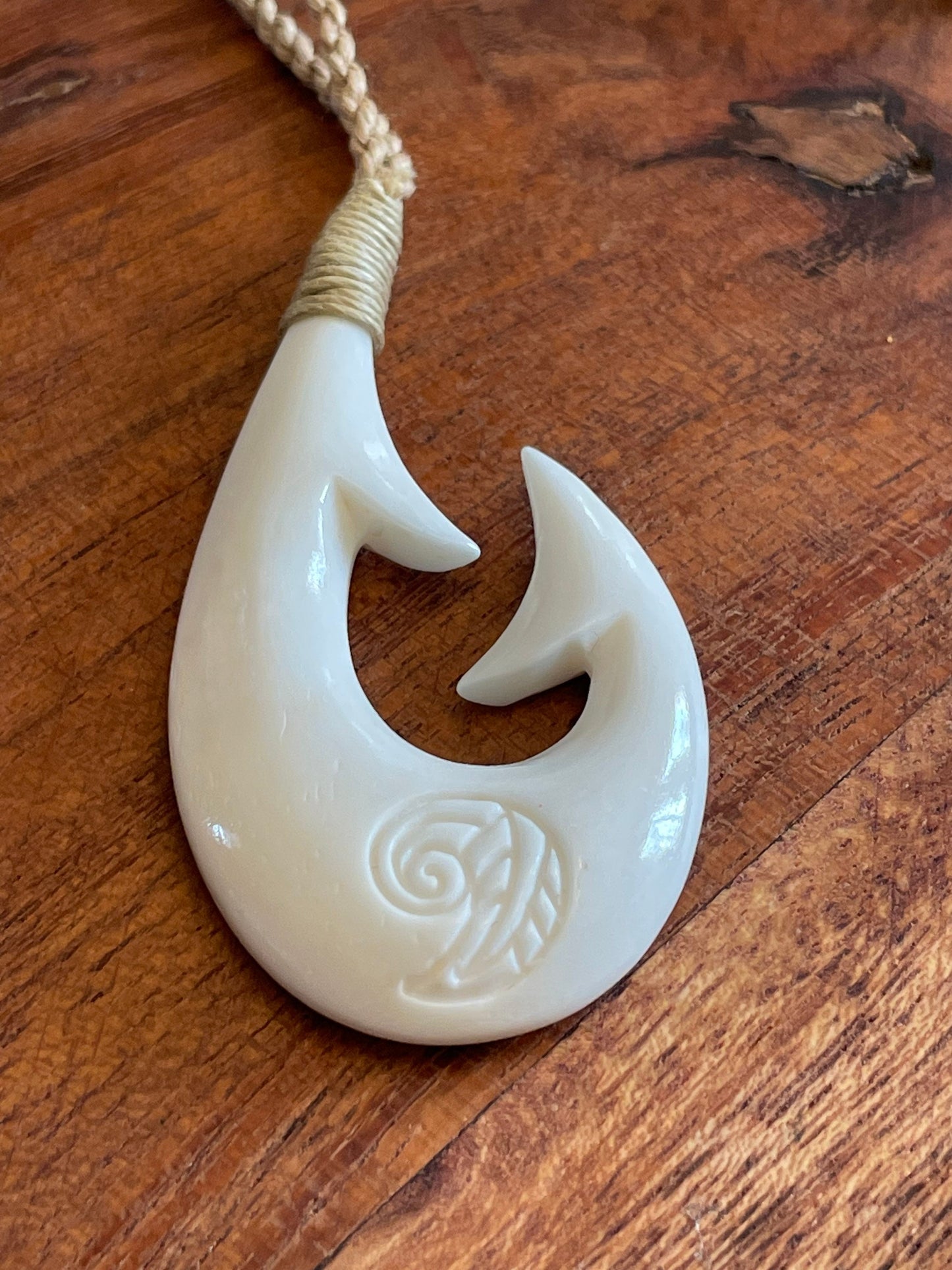 Hand Carved Buffalo Bone Fish Hook Necklace – Koru Fern Design