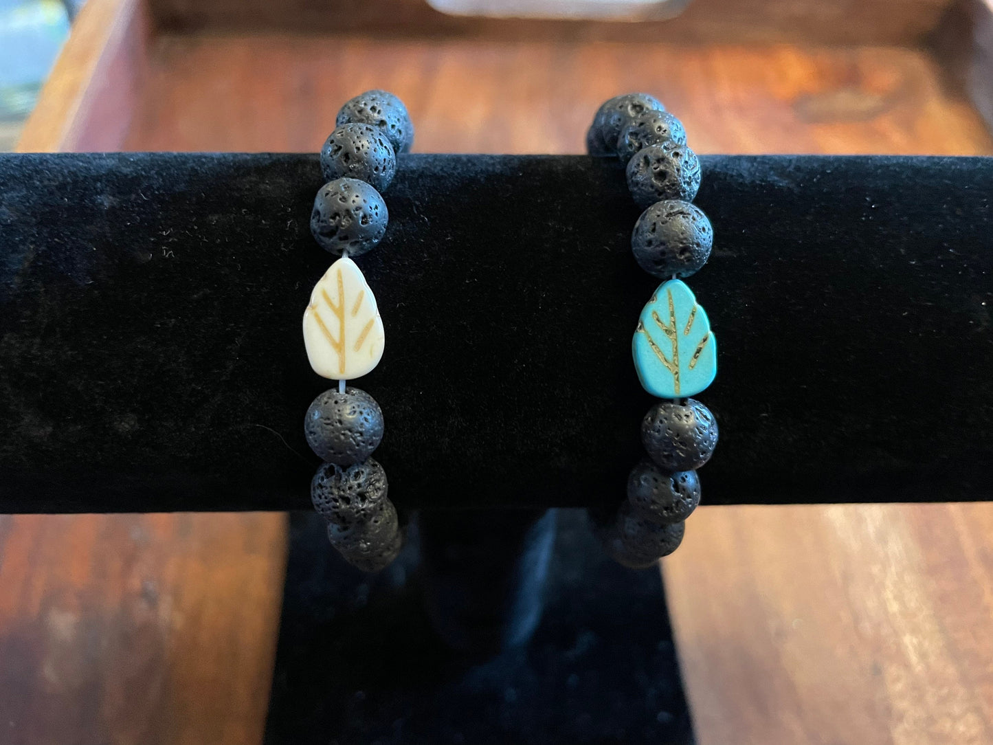 Authentic Lava Bead Elastic Bracelet with Sweet Clay Bead Leaf/Feather Accent