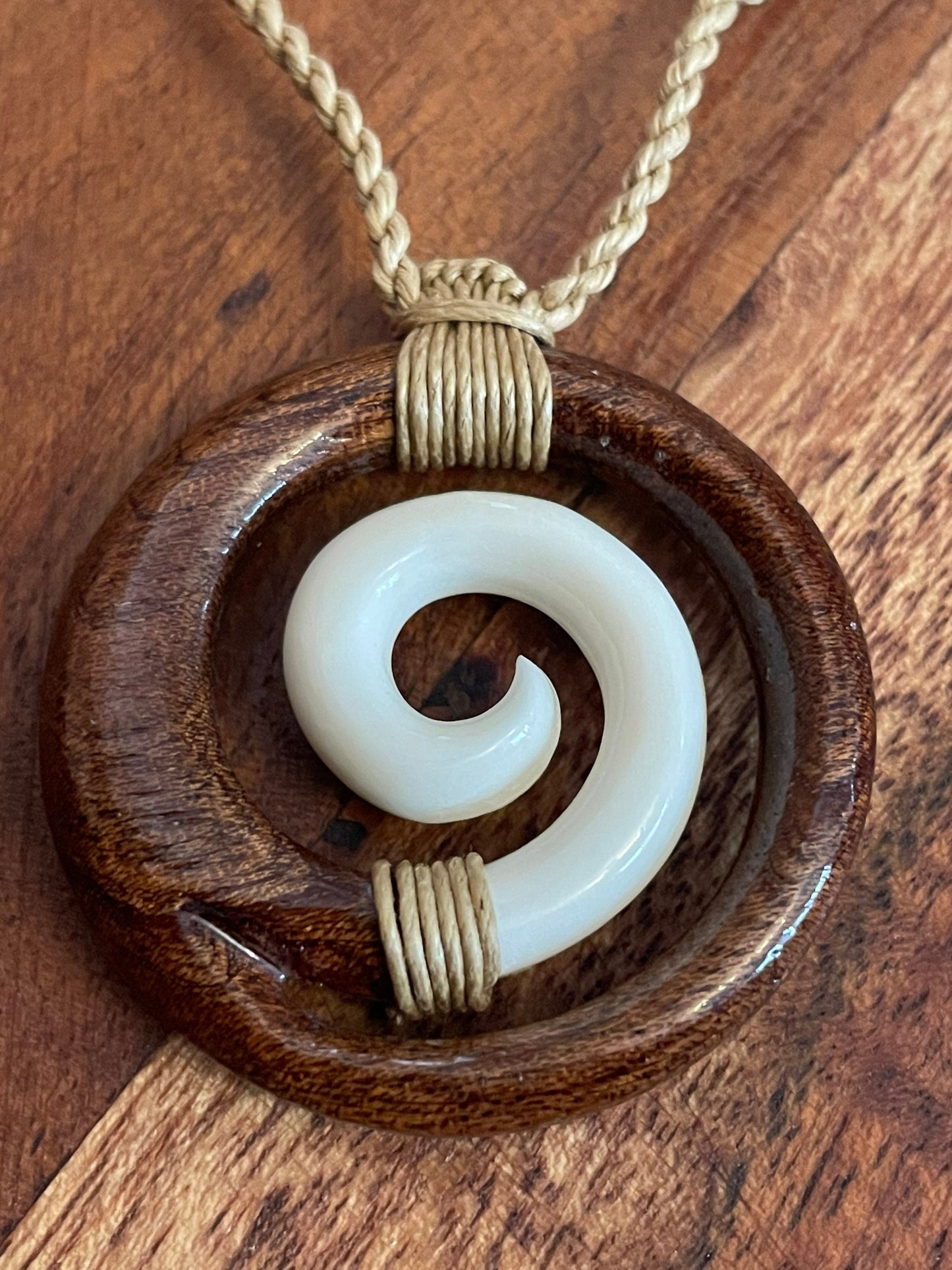 Solid Buffalo Bone and Koa Wood Adjustable Koru Necklace- Hawaiian Representation “Never Give-Up”