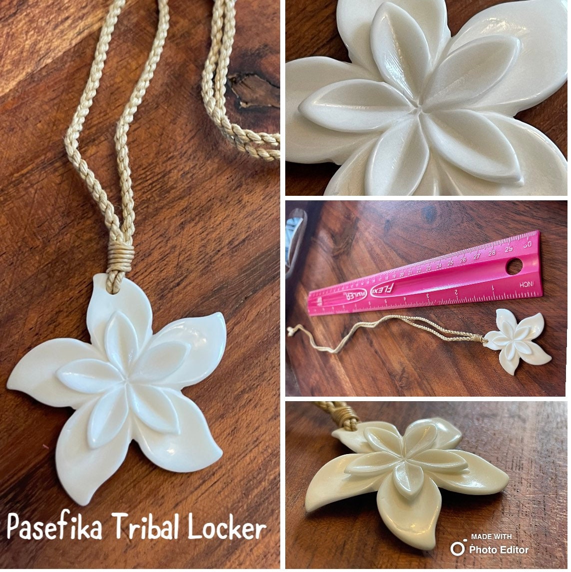 Hand Carved Bone Plumeria Necklace: Polynesian Boho Jewelry