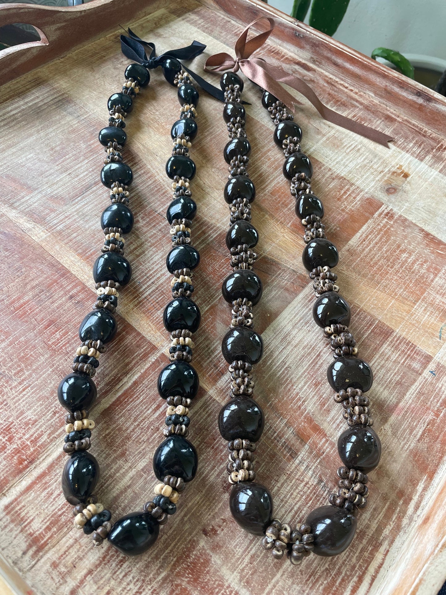 Authentic Kukui Nut Lei – 30” Ribbon Tie Polynesian Necklace
