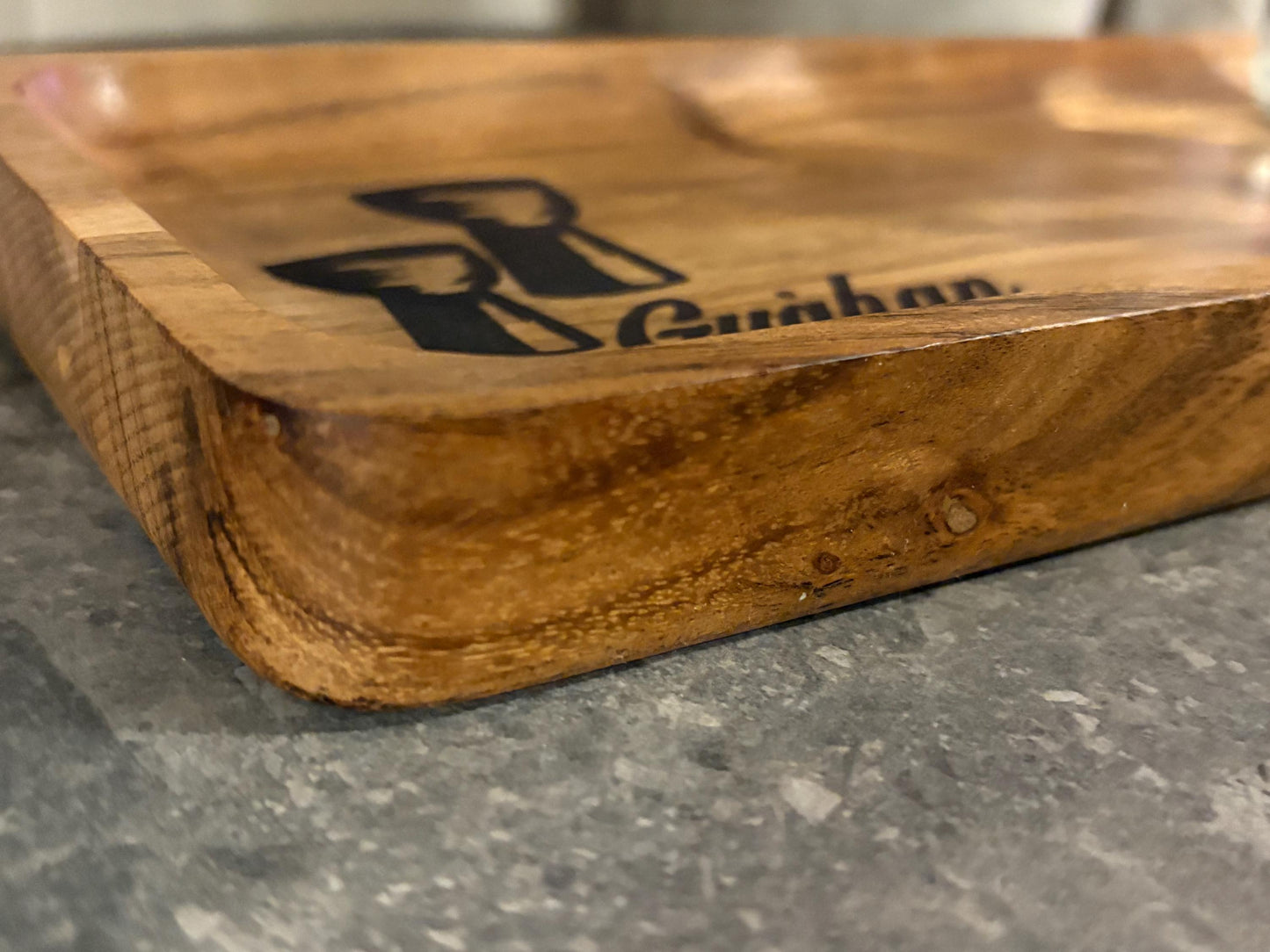 Chamorro Latte Stone Teak Tray: Guahan Engraved Wood Dish