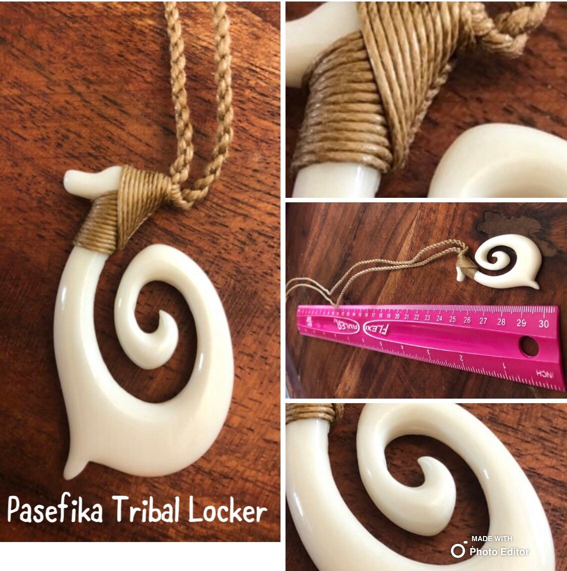 Hand Carved Buffalo Bone Fish Hook Hei Makau Necklace