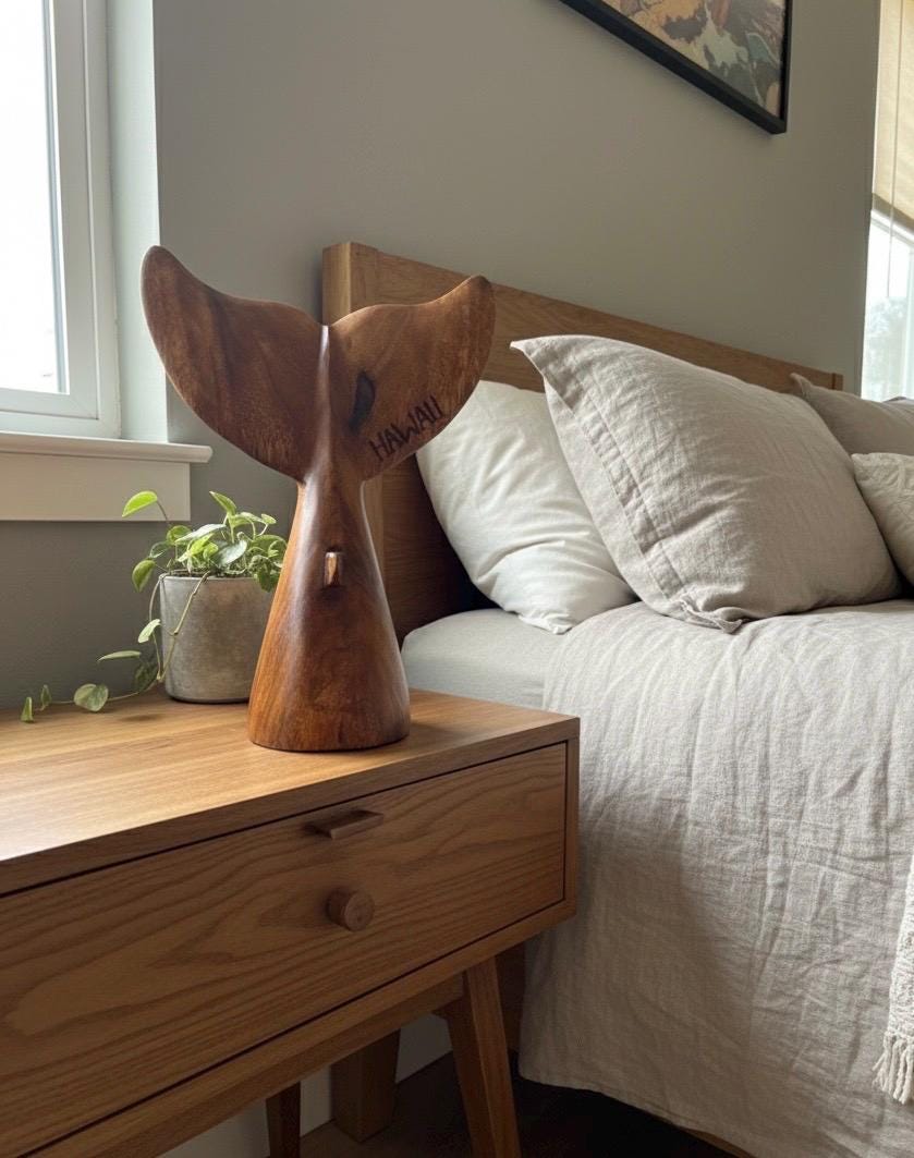 Large Hand-Carved Hibiscus-Wood Whale Tail Sculpture