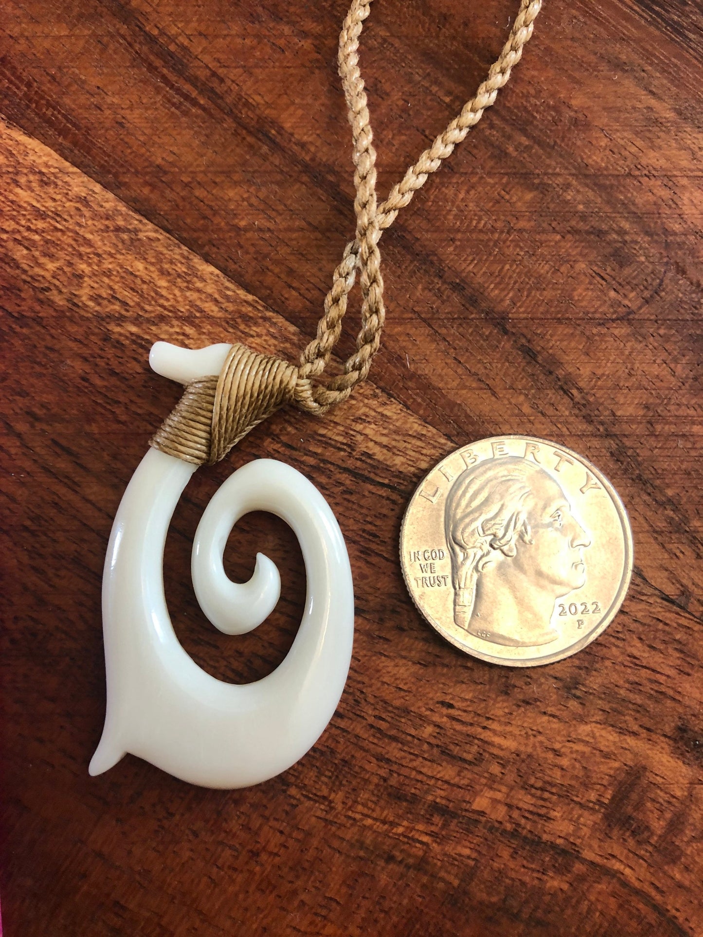 Hand Carved Buffalo Bone Fish Hook Hei Makau Necklace