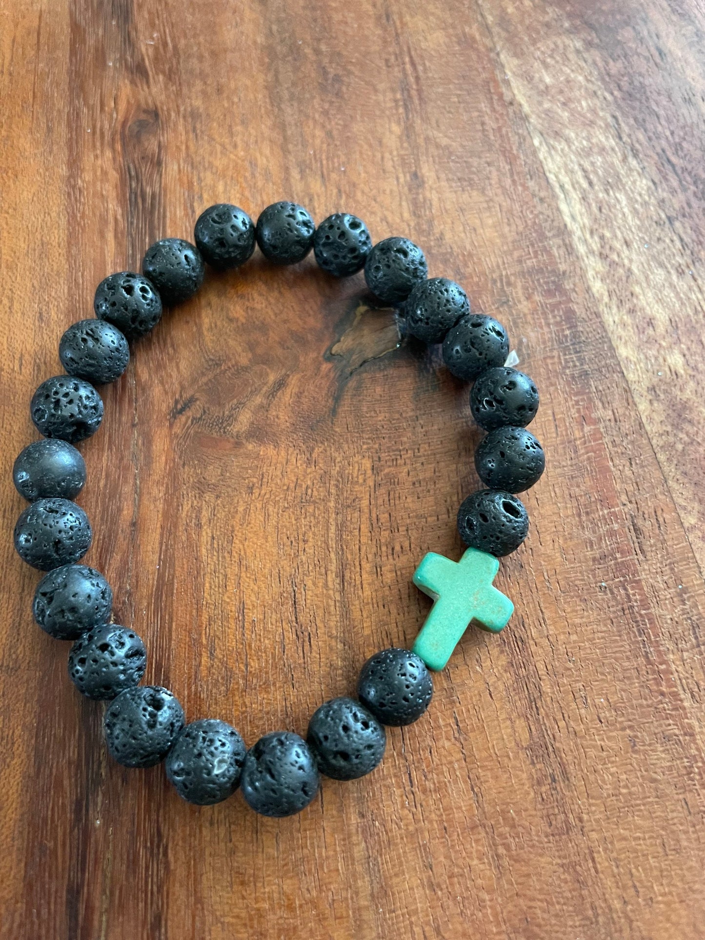 Solid Lava Beaded Elastic Bracelets with Christian Cross Clay Bead
