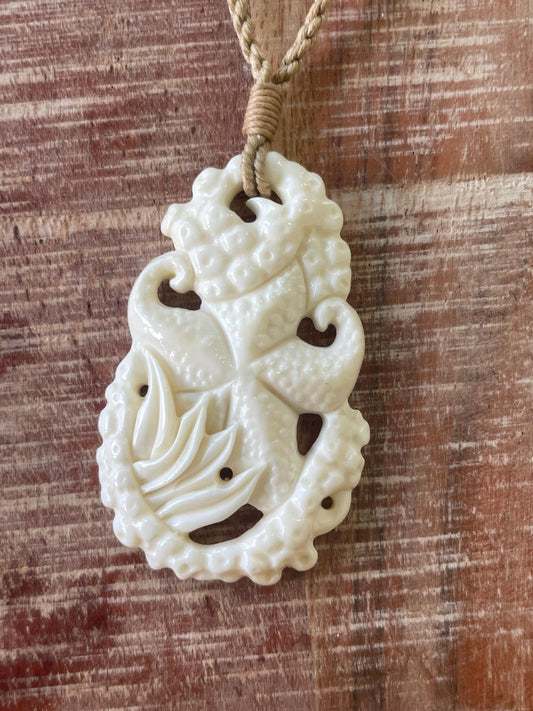 Hand Carved Buffalo Bone Starfish Pendant, Adjustable Surfer Cord