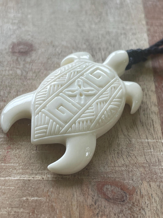 Hand Carved Buffalo Bone Sea Turtle Pendant - Adjustable Boho Necklace