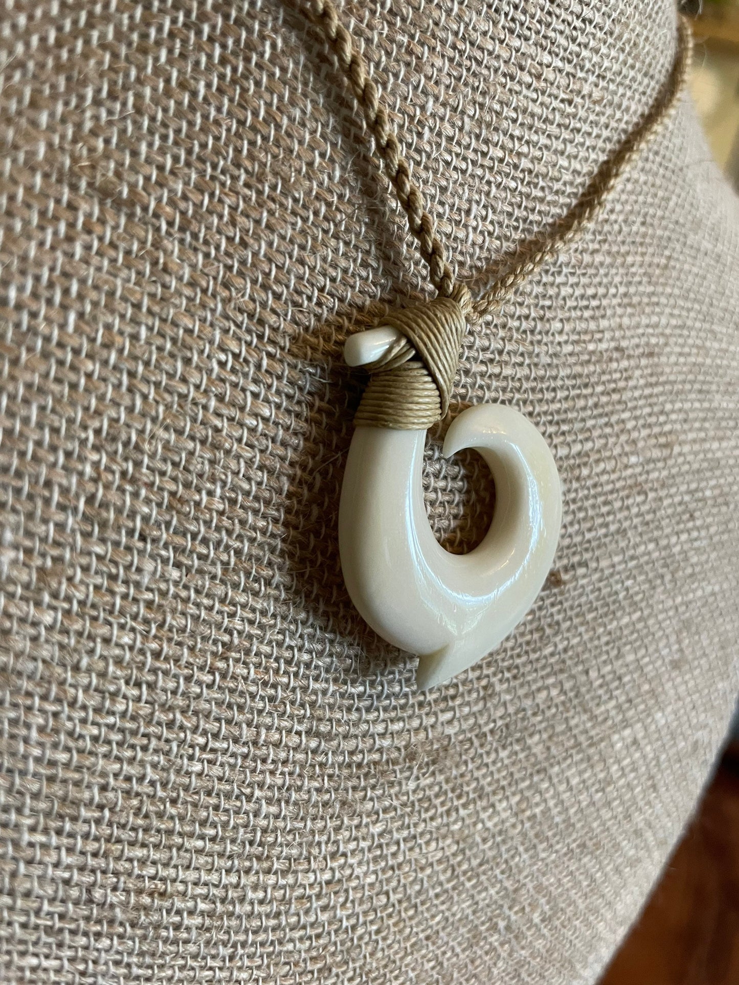 Hand Carved Bone Makau Necklace - Adjustable Polynesian Fish Hook