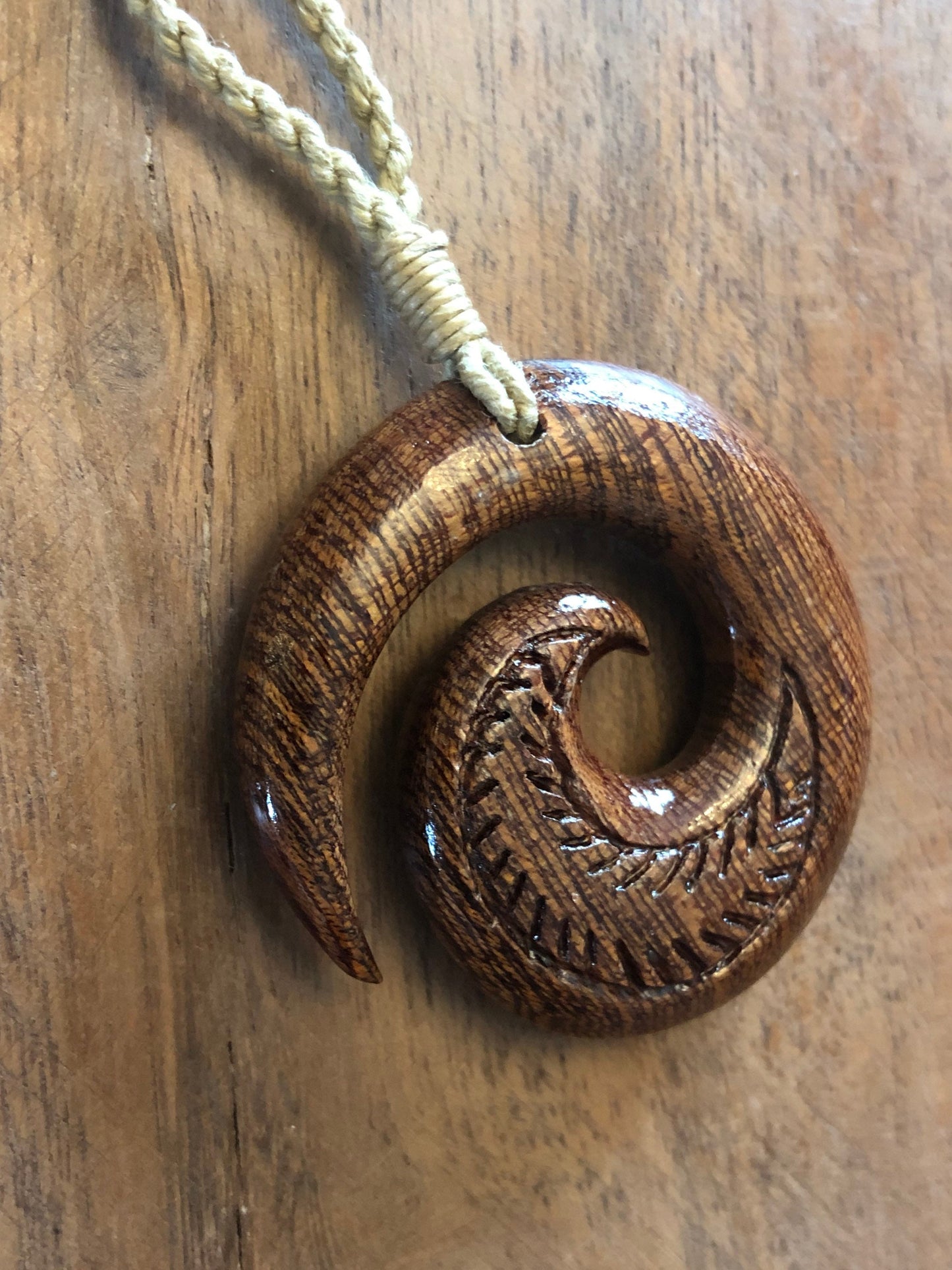 Finely Detailed, Hand-carved Solid Koa Wood Koru or Fern Adjustable Necklace