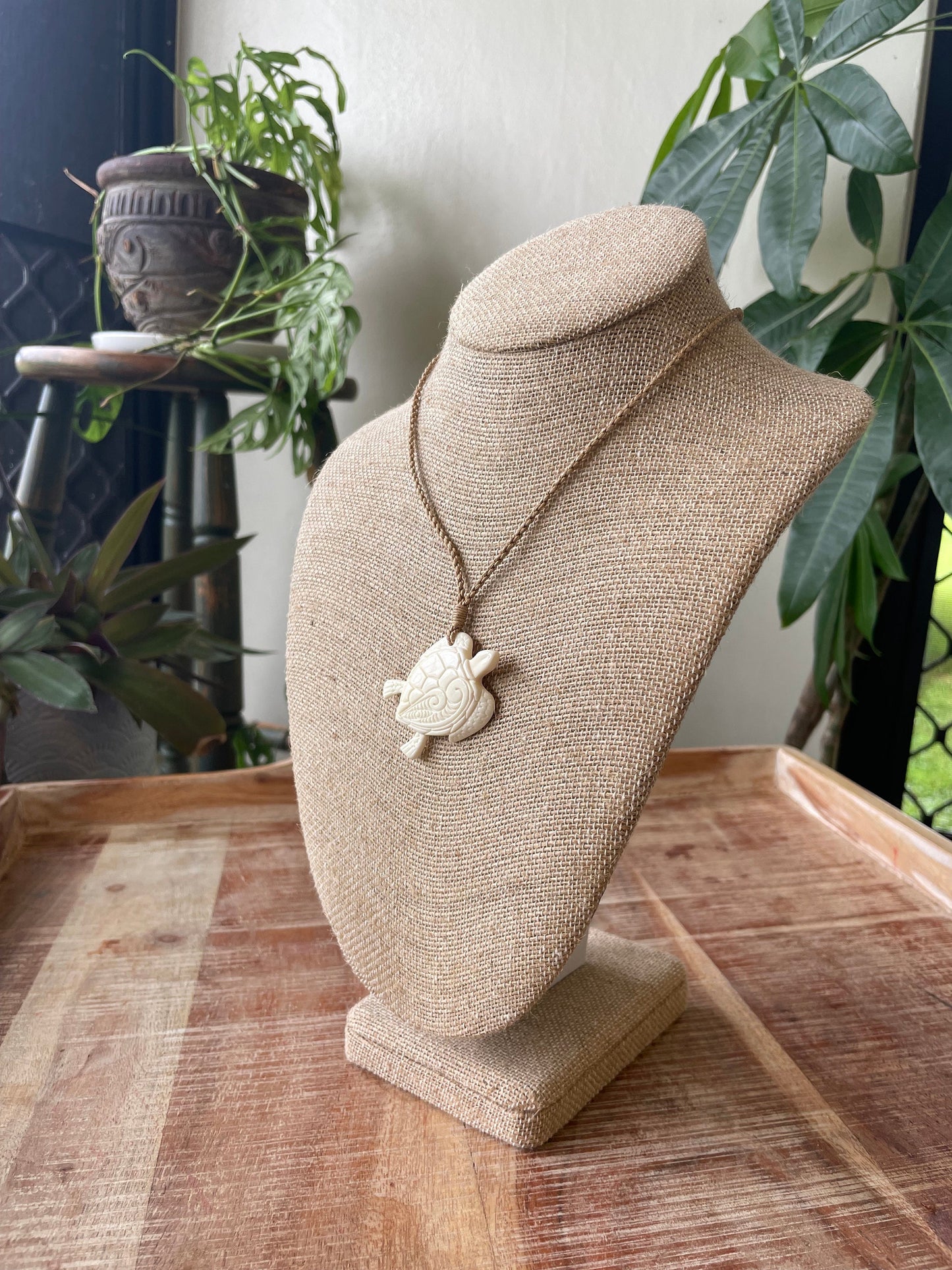 Hand Carved Buffalo Bone Sea Turtle Pendant – Polynesian Koru Necklace