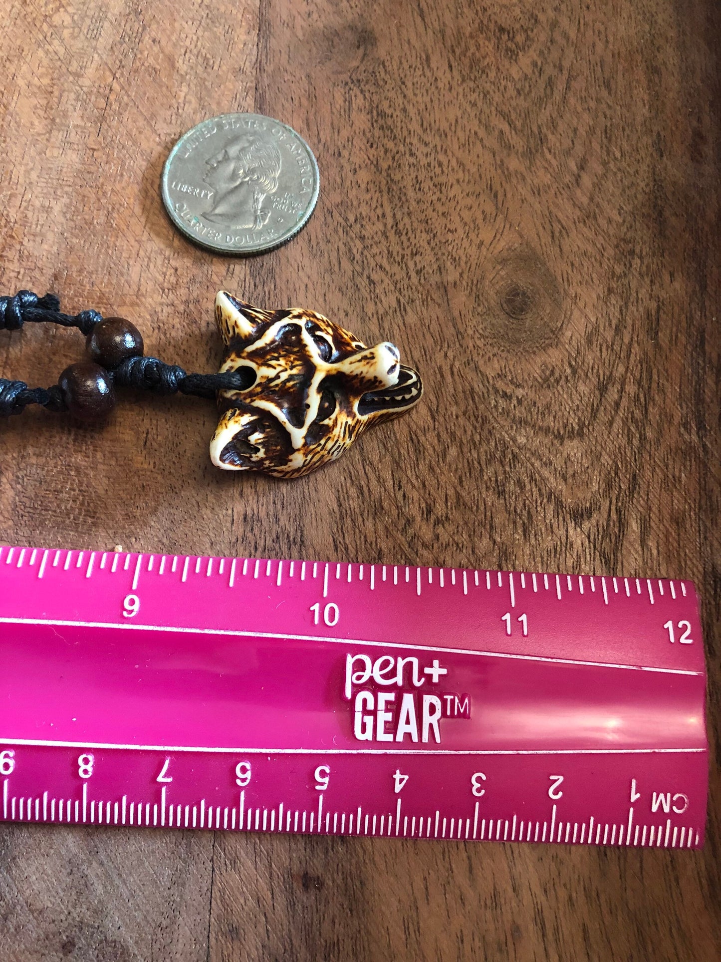 Naturalistic Styled Tribal Hand Crafted Bone and Resin Wolf or Dog Head Adjustable Necklace