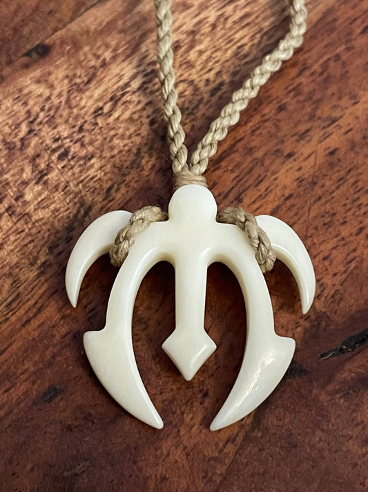 Triton Sea Turtle Hand Carved from Solid Buffalo Bone & Wrapped on Adjustable Surfer Cord