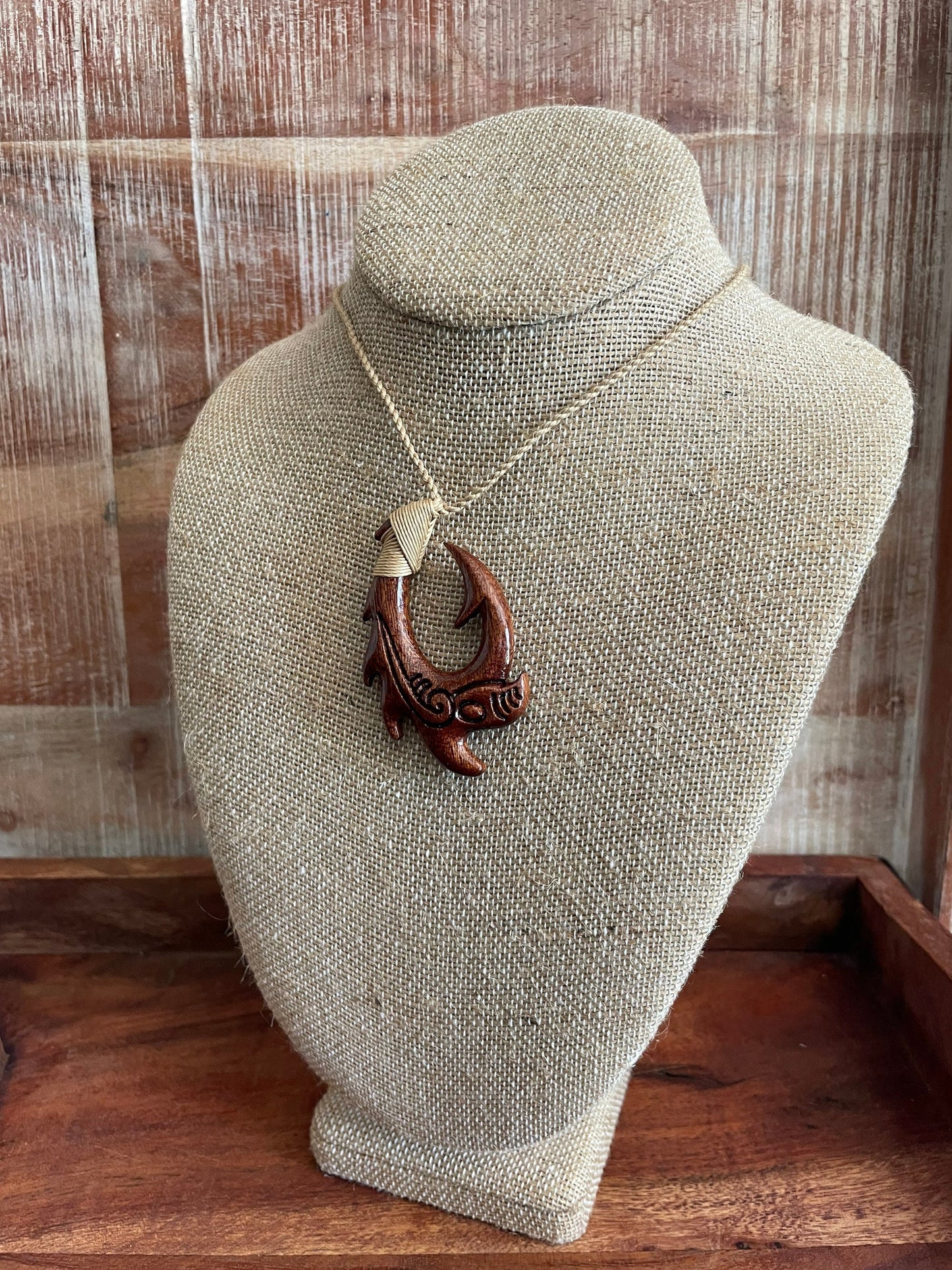 Hand Carved Koa Wood Makau Necklace, Koru Etchings, Adjustable Hemp Cord