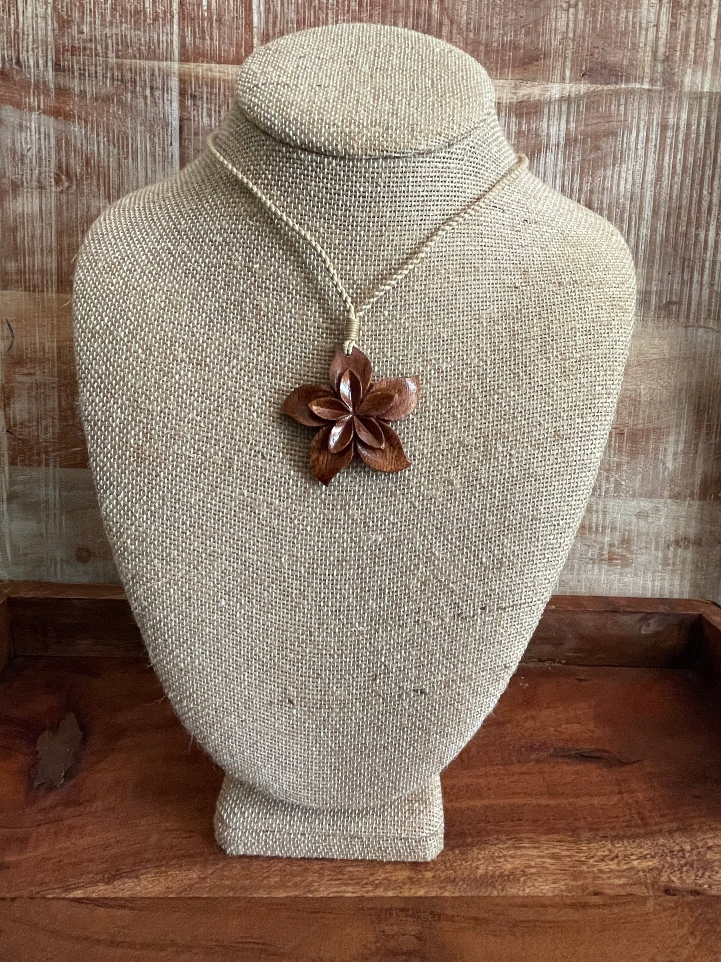 Hand Carved Koa Wood Plumeria Necklace - Adjustable Hemp Cord
