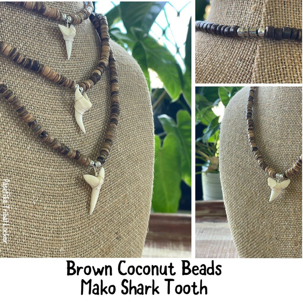 Authentic Mako & Fossilized Moroccan Shark Tooth Necklaces on Coconut Beaded Necklaces with Silver Clasp