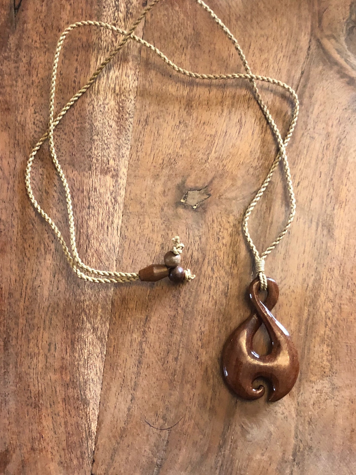Nautical Tribal Solid Koa Wood Handcarved Pikorua or Infinity Symbol Adjustable Necklace