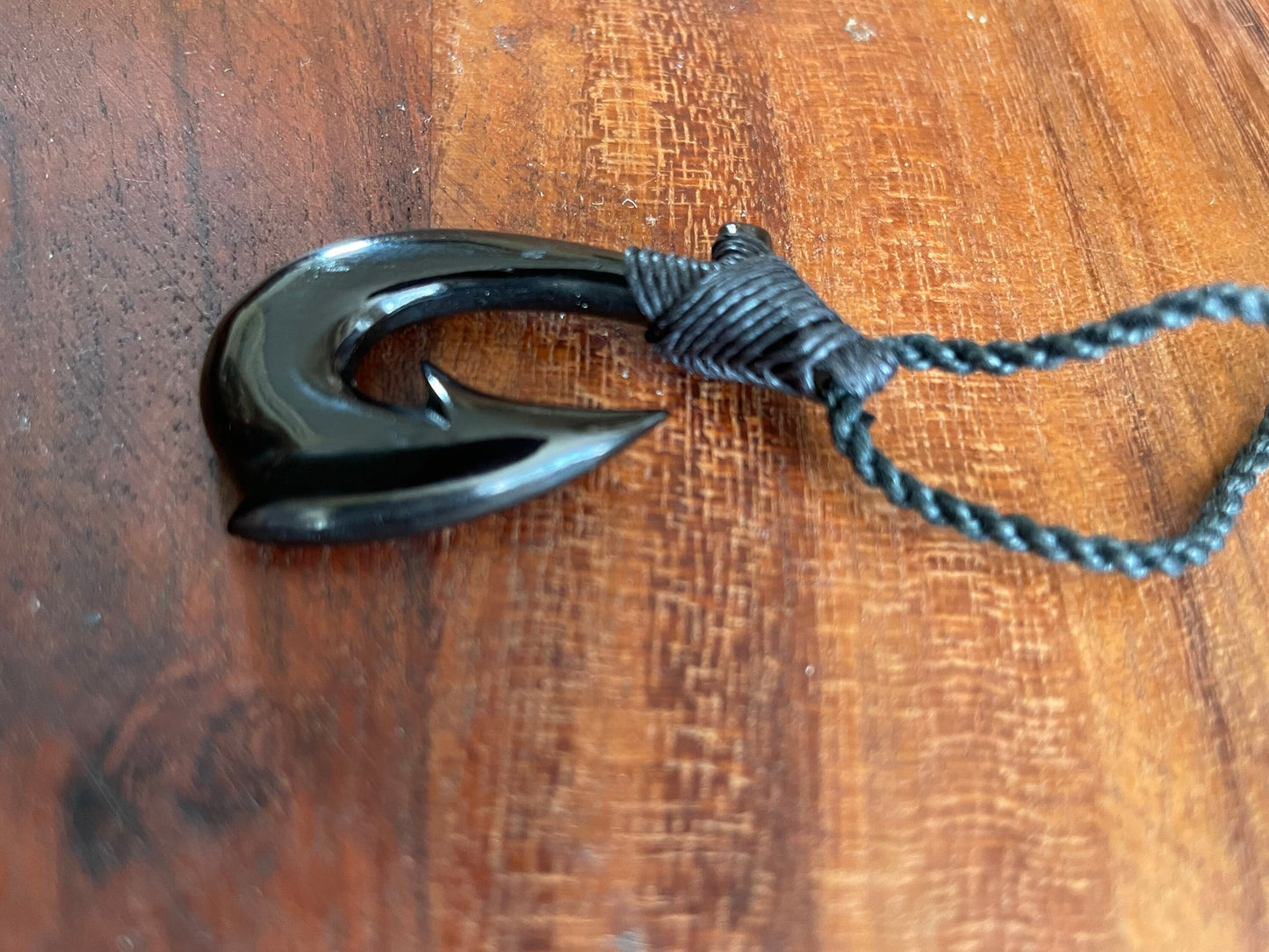 Onyx Solid Buffalo Bone/Horn, Hand Carved, Hei Makau ( Fish Hook) Adjustable Necklace