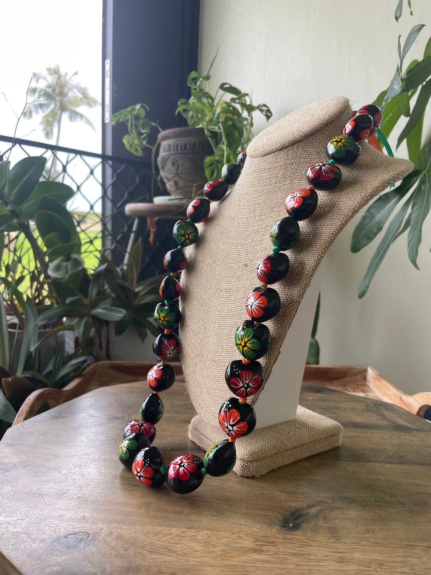 Hand Painted Kukui Nut Lei: Multi-Colored Hibiscus, Ribbon Tie