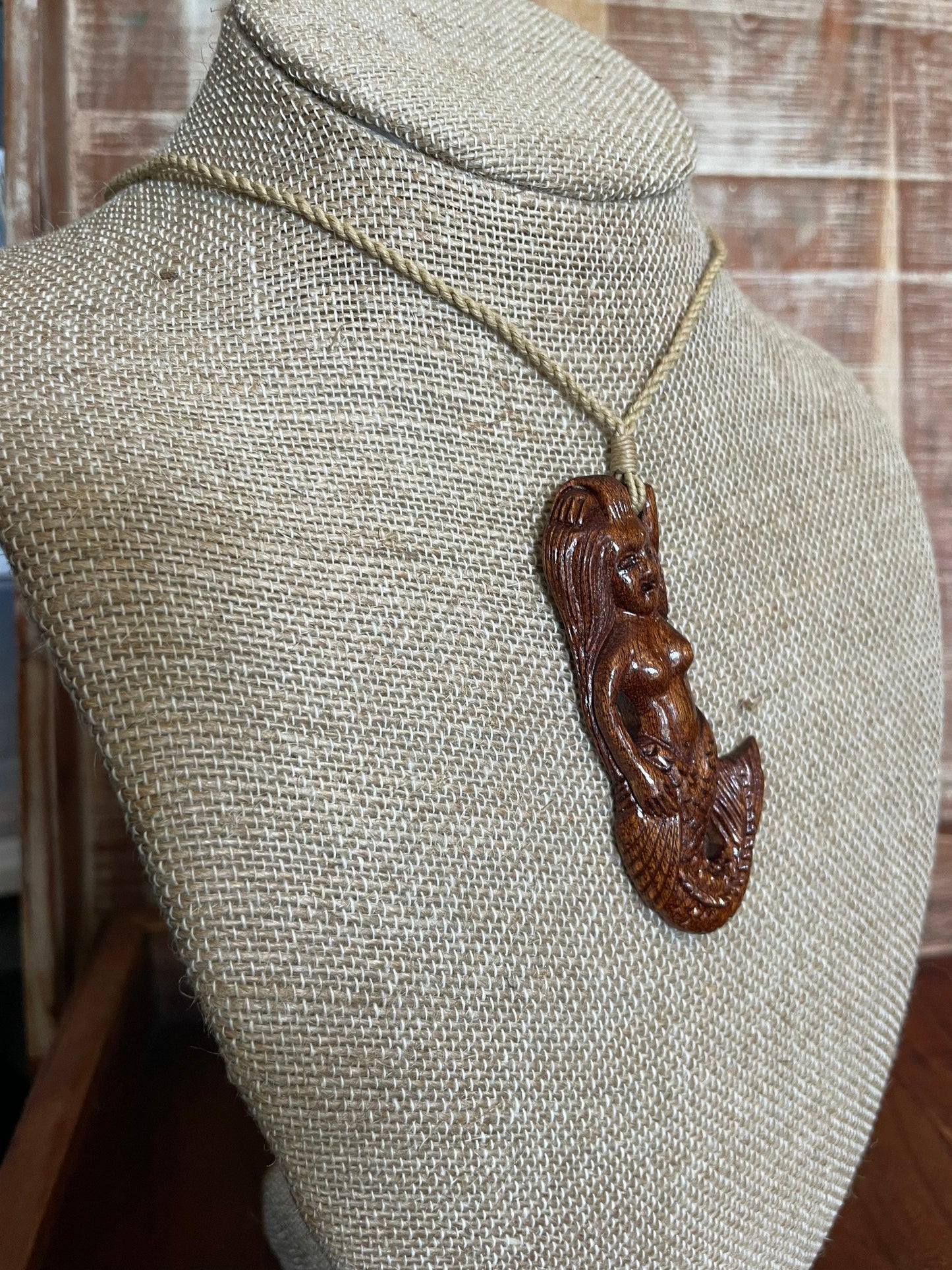 Hand Carved Koa Wood Mermaid Necklace – Adjustable Polynesian Jewelry