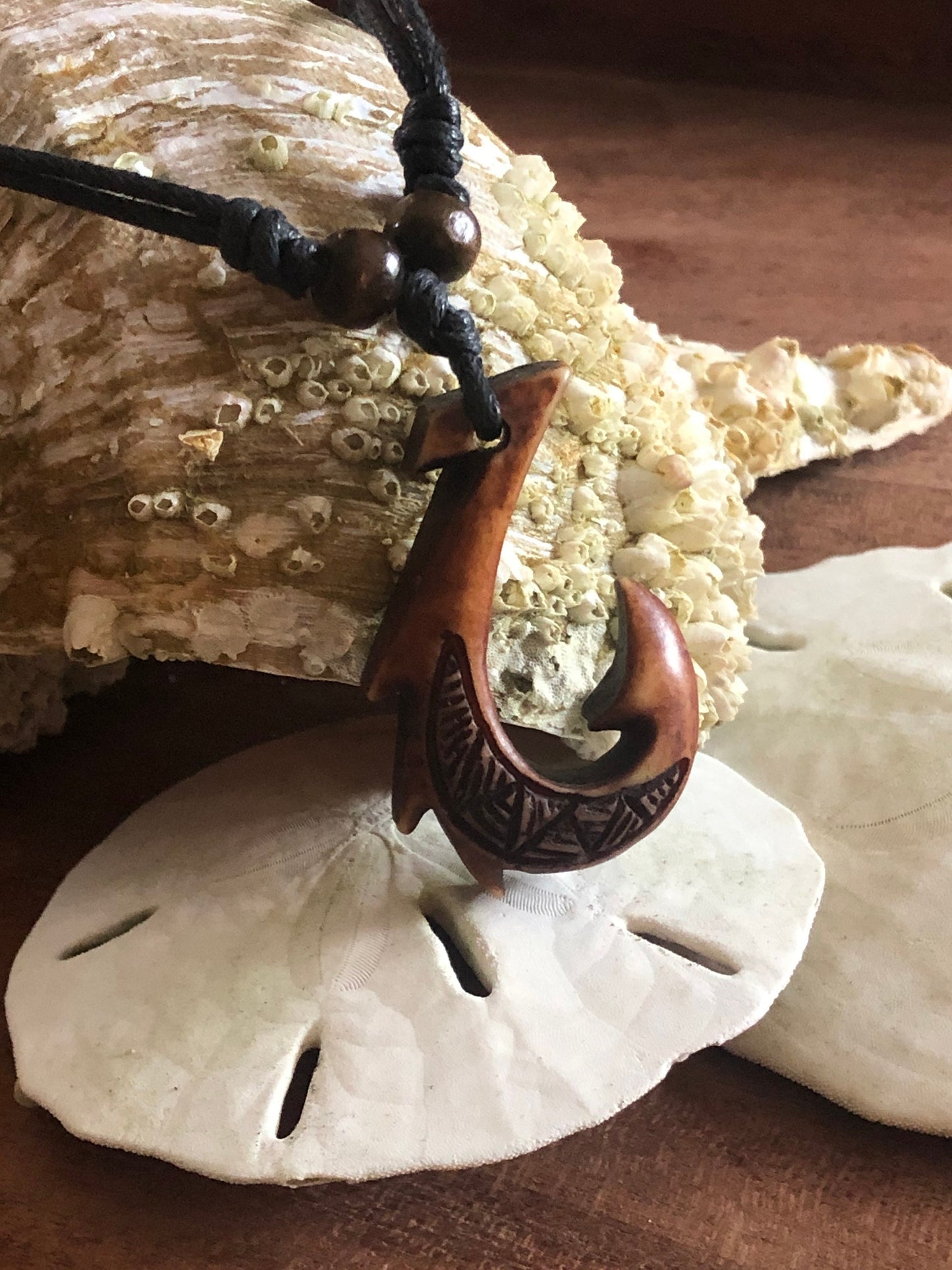 Polynesian Handcrafted Makau or Fish Hook Buffalo Bone & Resin Adjustable Necklace Beachy Boho Surfer