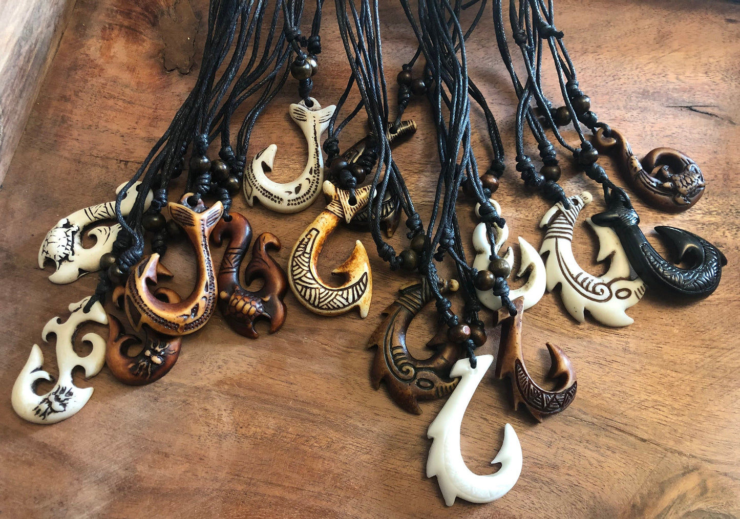Polynesian Handcrafted Makau or Fish Hook Buffalo Bone & Resin Adjustable Necklace Beachy Boho Surfer