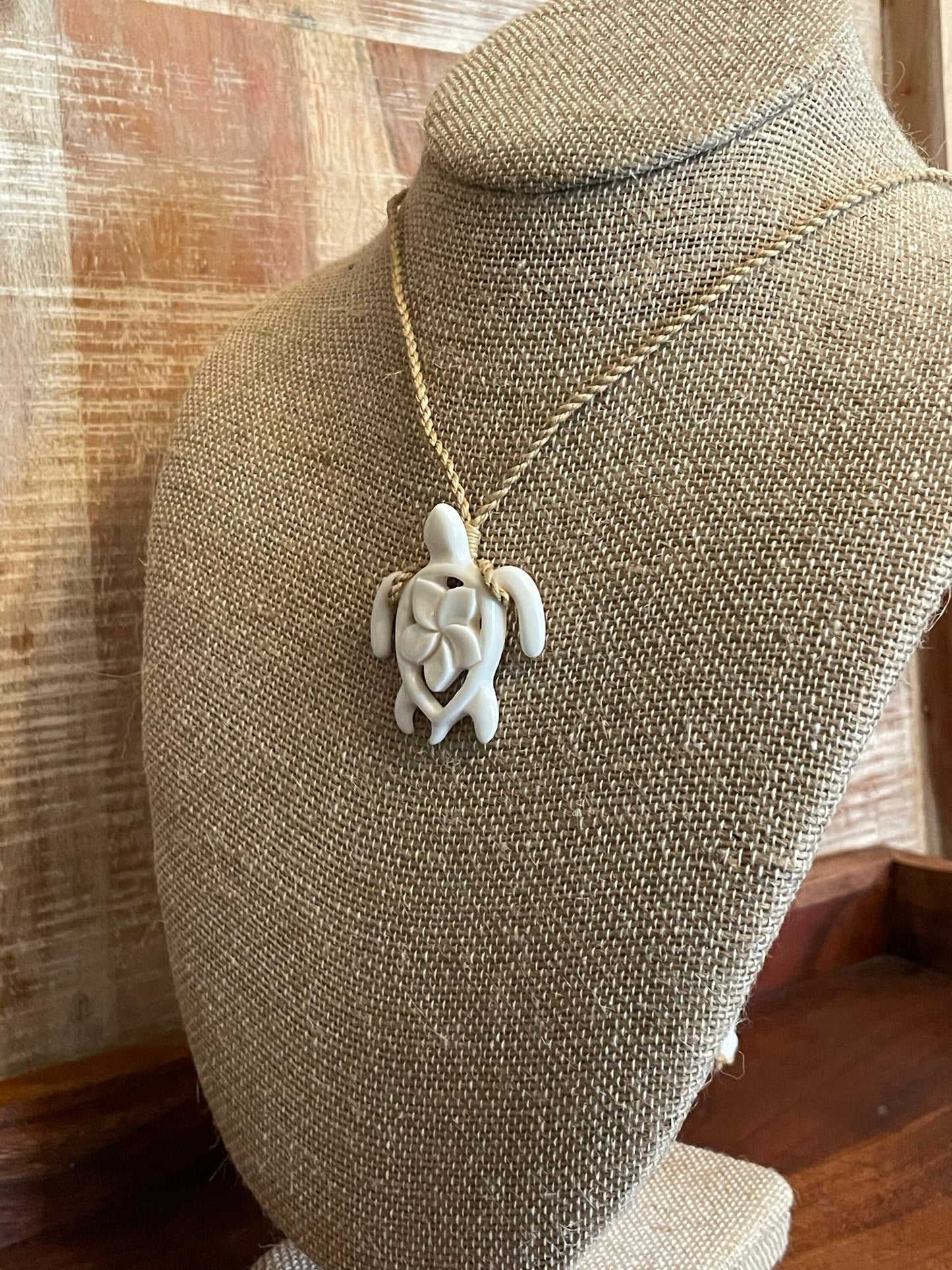 Hand Carved Bone Sea Turtle Necklace - Polynesian Plumeria Pendant