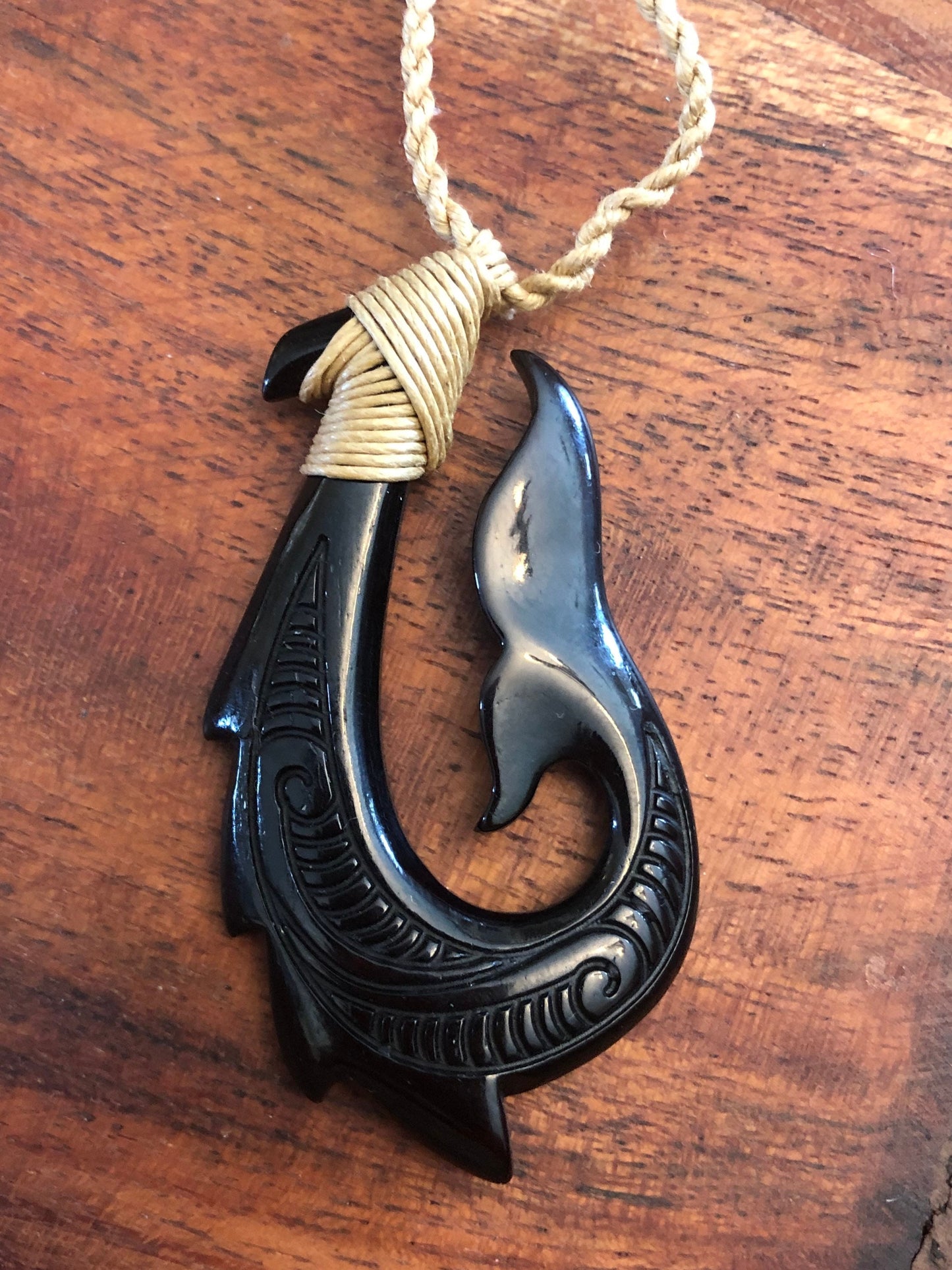 Hand-Carved Buffalo Bone Makau Necklace: Polynesian Fish Hook & Whale Tail