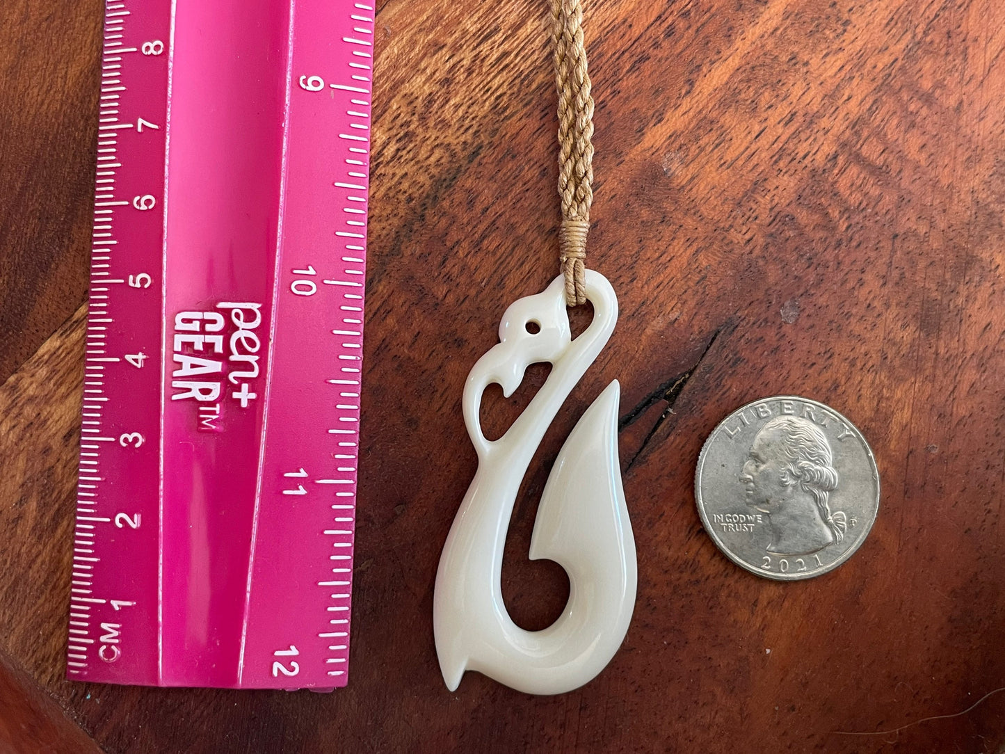 Hand Carved Buffalo Bone Fish Hook Necklace - Polynesian Makau Jewelry