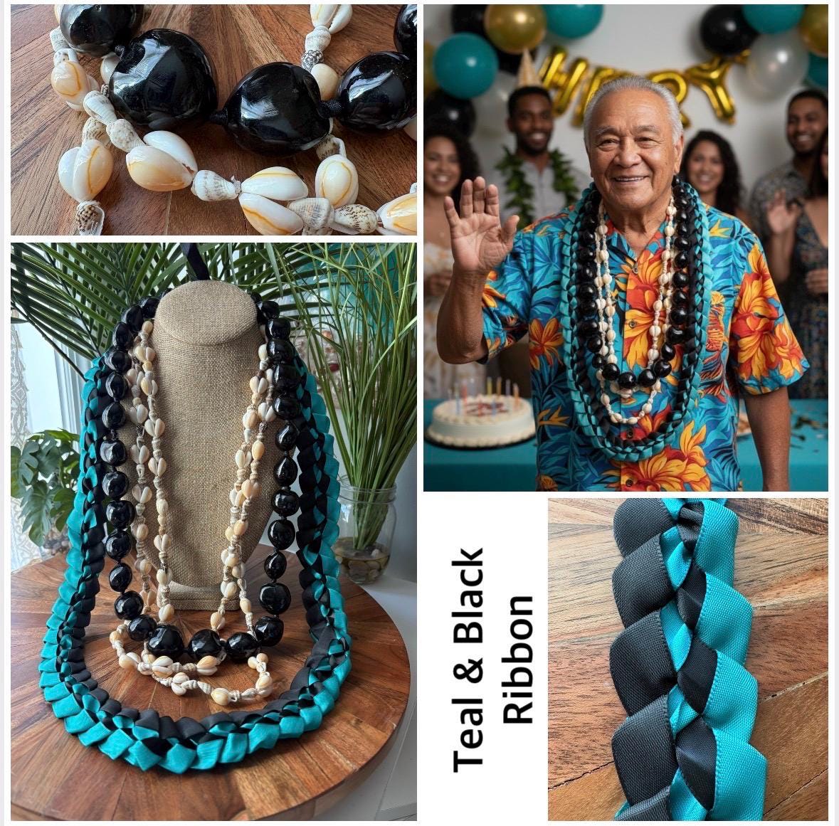 Hand Woven Ribbon Lei with Kukui Nut & Cowrie Shells