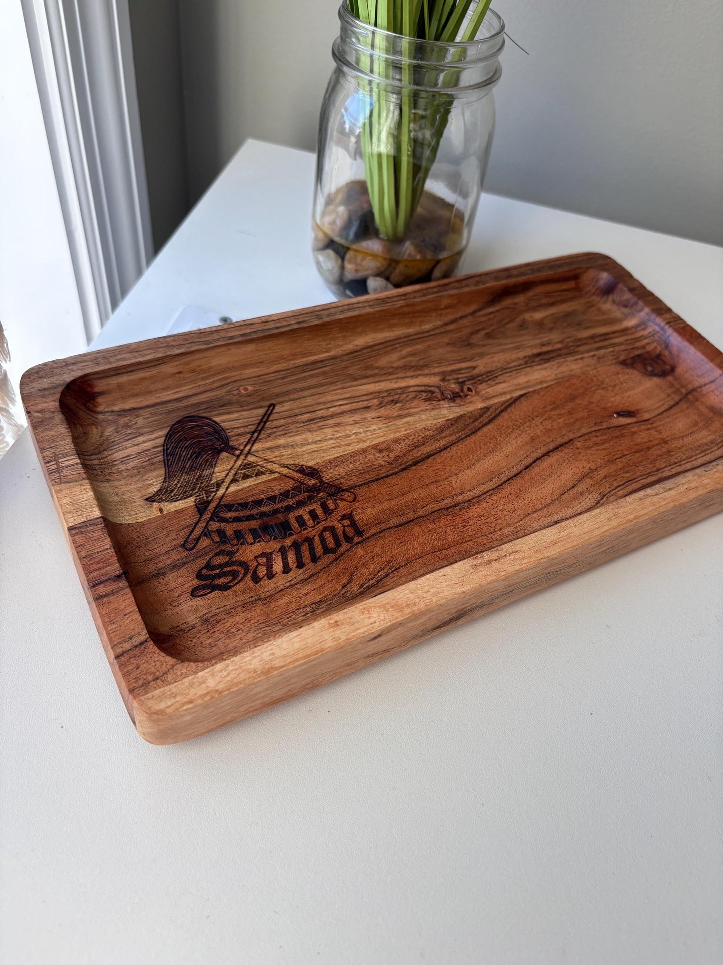 Engraved Teak Wood Tray with the Seal of Samoa - Personalized Gift