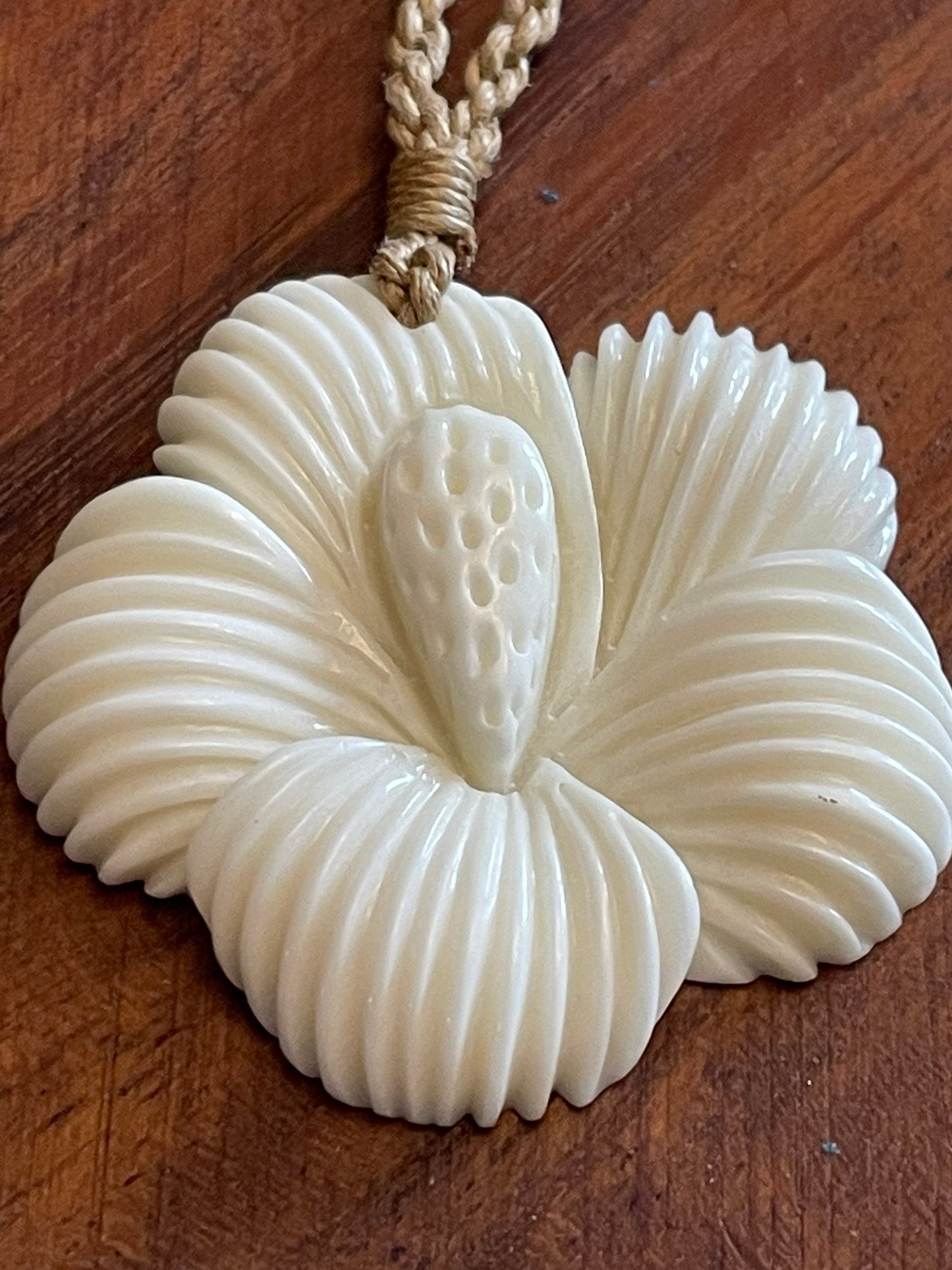 Hand Carved Bone Hibiscus Pendant: Polynesian Boho Necklace