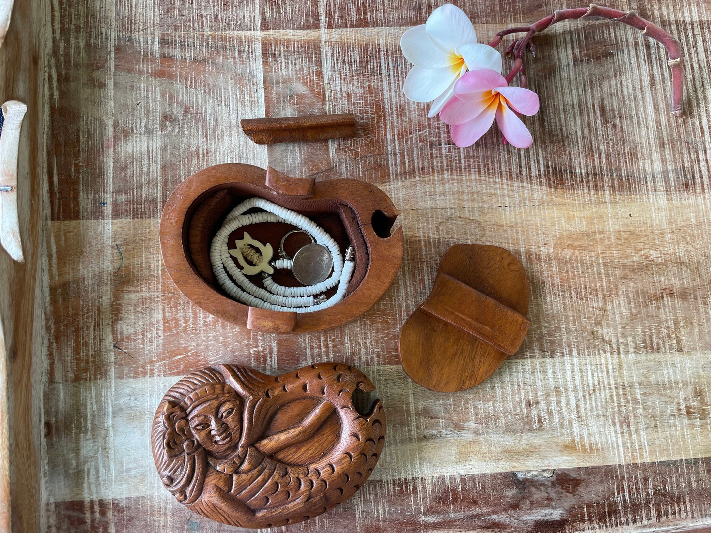 Hand Carved Mermaid Puzzle Box – Sea Hibiscus Wood Hidden Compartment