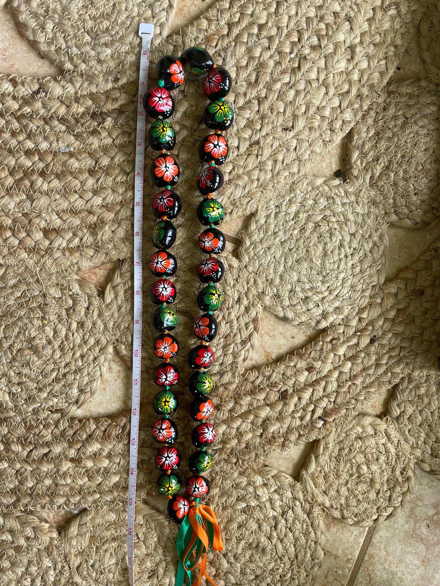 Hand Painted Kukui Nut Lei: Multi-Colored Hibiscus, Ribbon Tie