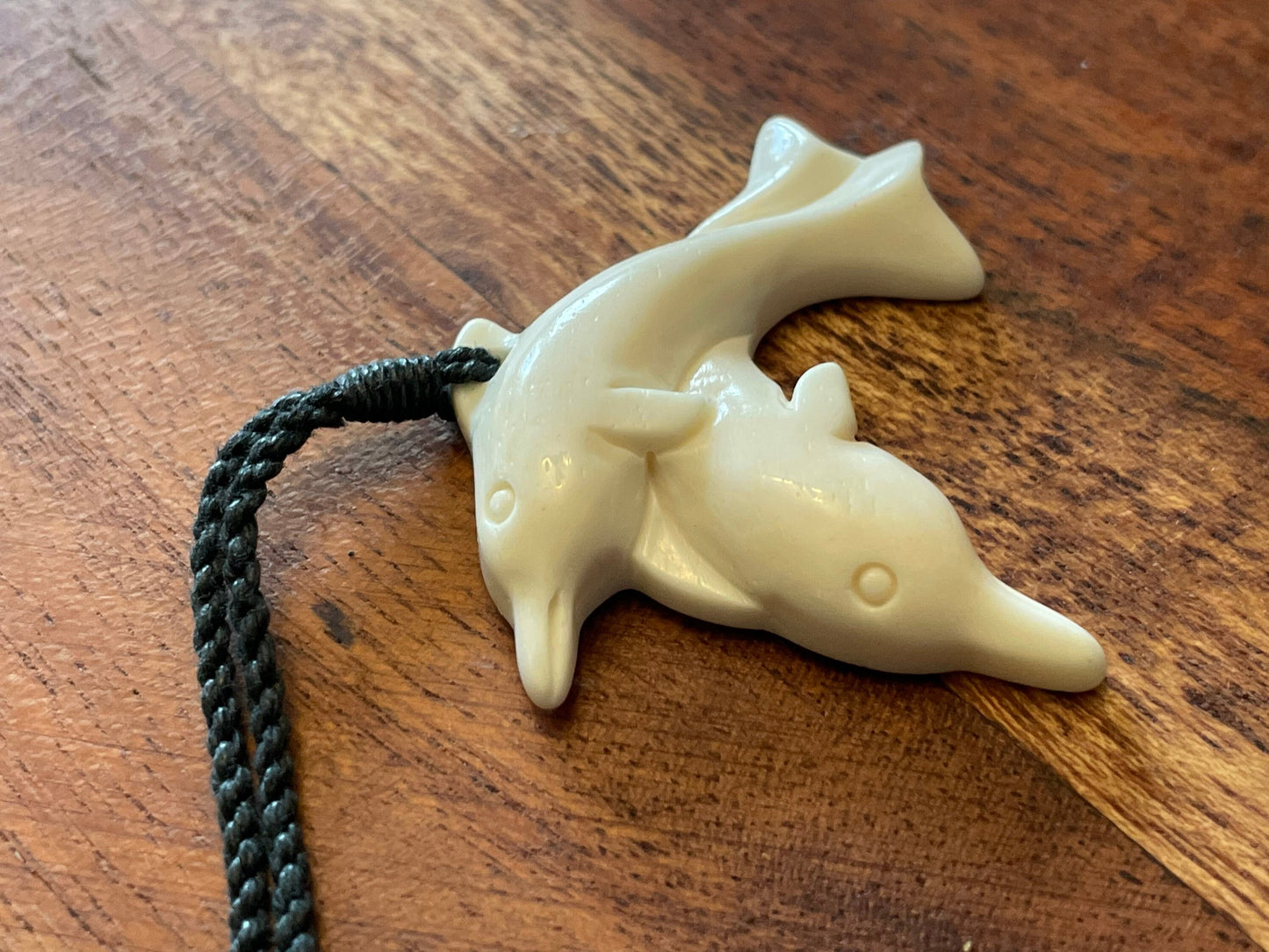 Sweet Set of Hand Carved Solid Bone Polynesian Dolphins Adjustable Necklace
