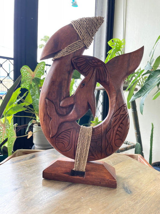 Hand-Carved Sea Hibiscus Wood Makau – Tribal Dolphin Fish Hook Decor
