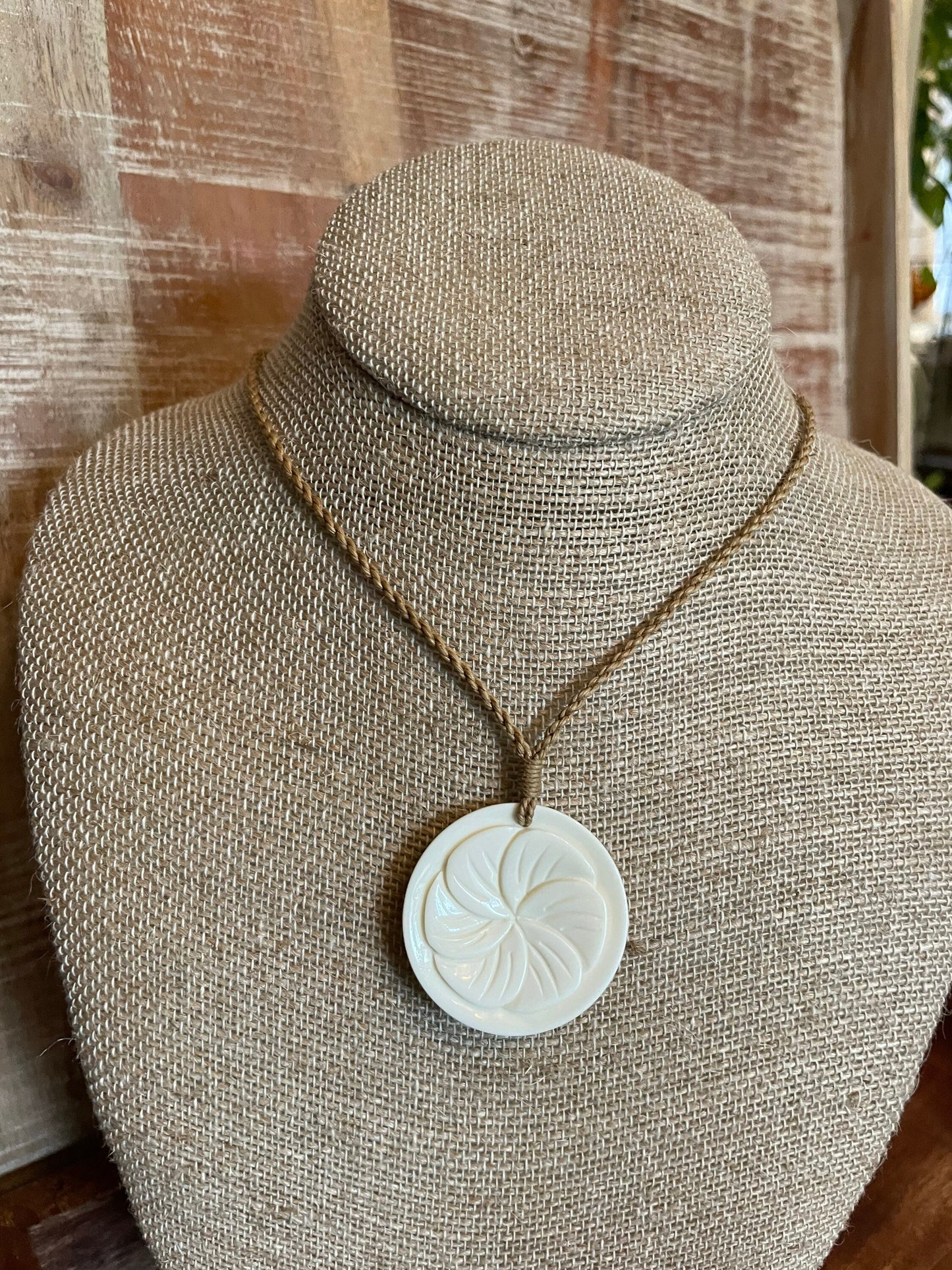 Hand Carved Buffalo Bone Plumeria Necklace, Hawaiian Boho Jewelry