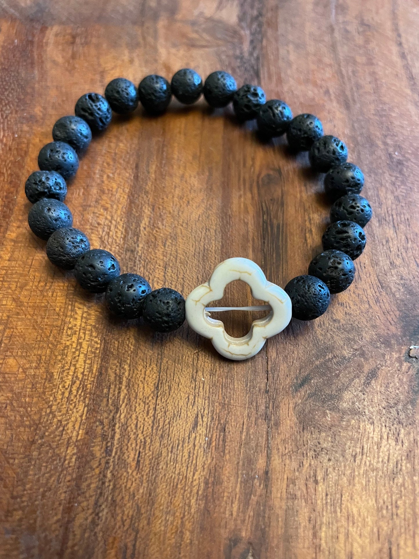 Authentic Lava Bead Elastic Bracelet with Clay Bead Clover Accent