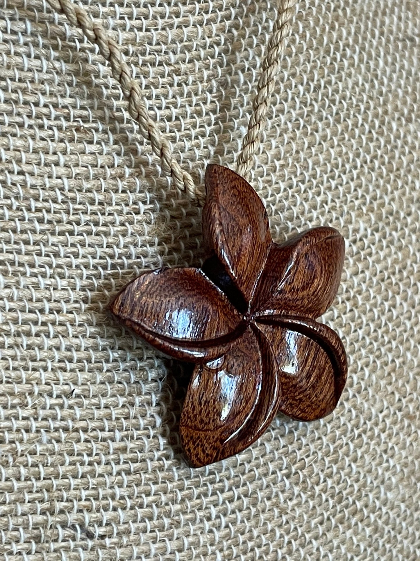 Hand Carved Koa Wood Plumeria Pendant – Adjustable Hemp Necklace