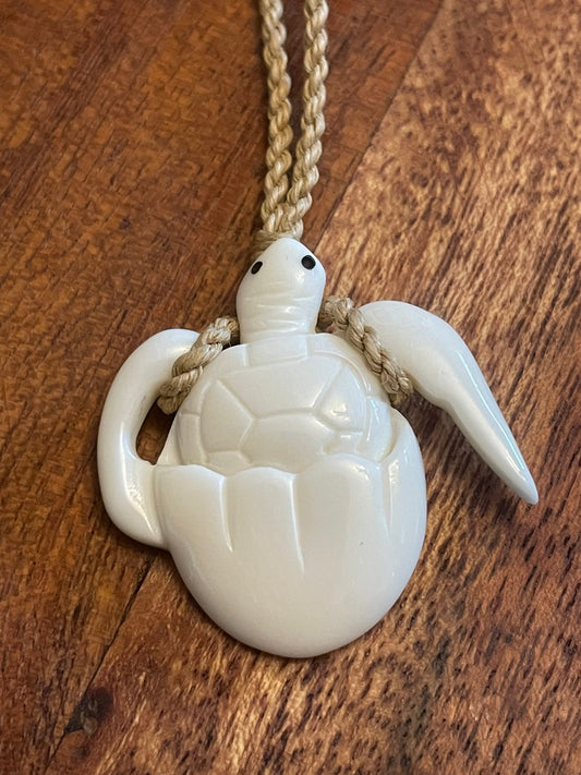 Hand Carved Buffalo Bone Sea Turtle Necklace, Honu Hatching