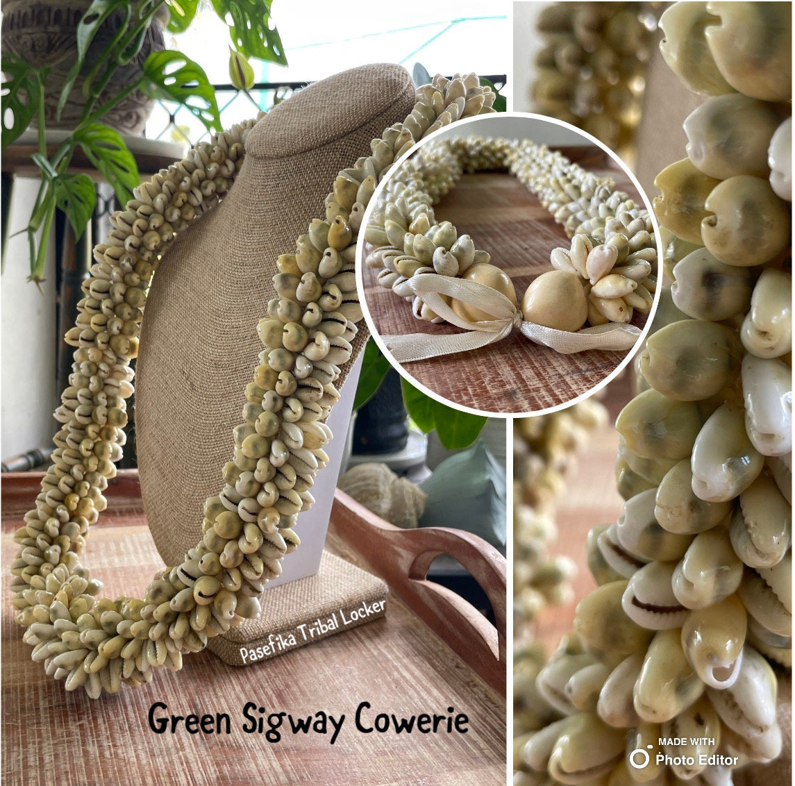 Authentic Cowerie Shell Lei, Natural Ribbon Tie Necklace, 30”